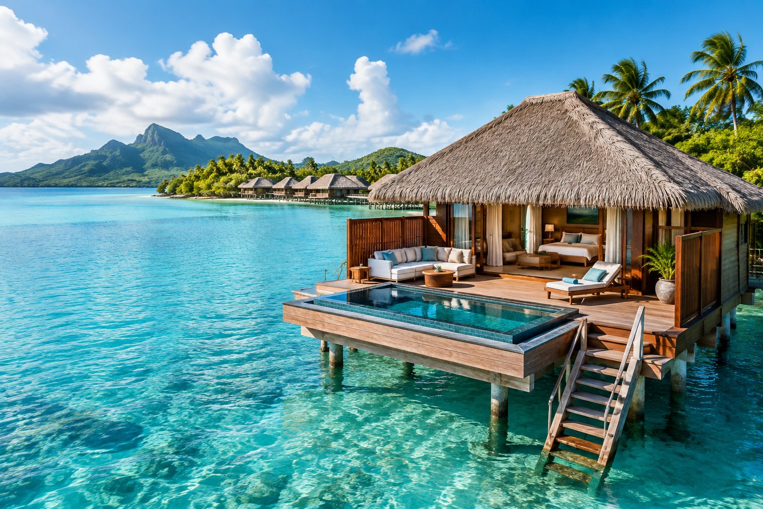 A luxurious overwater bungalow with a private deck above a turquoise lagoon in Fiji.