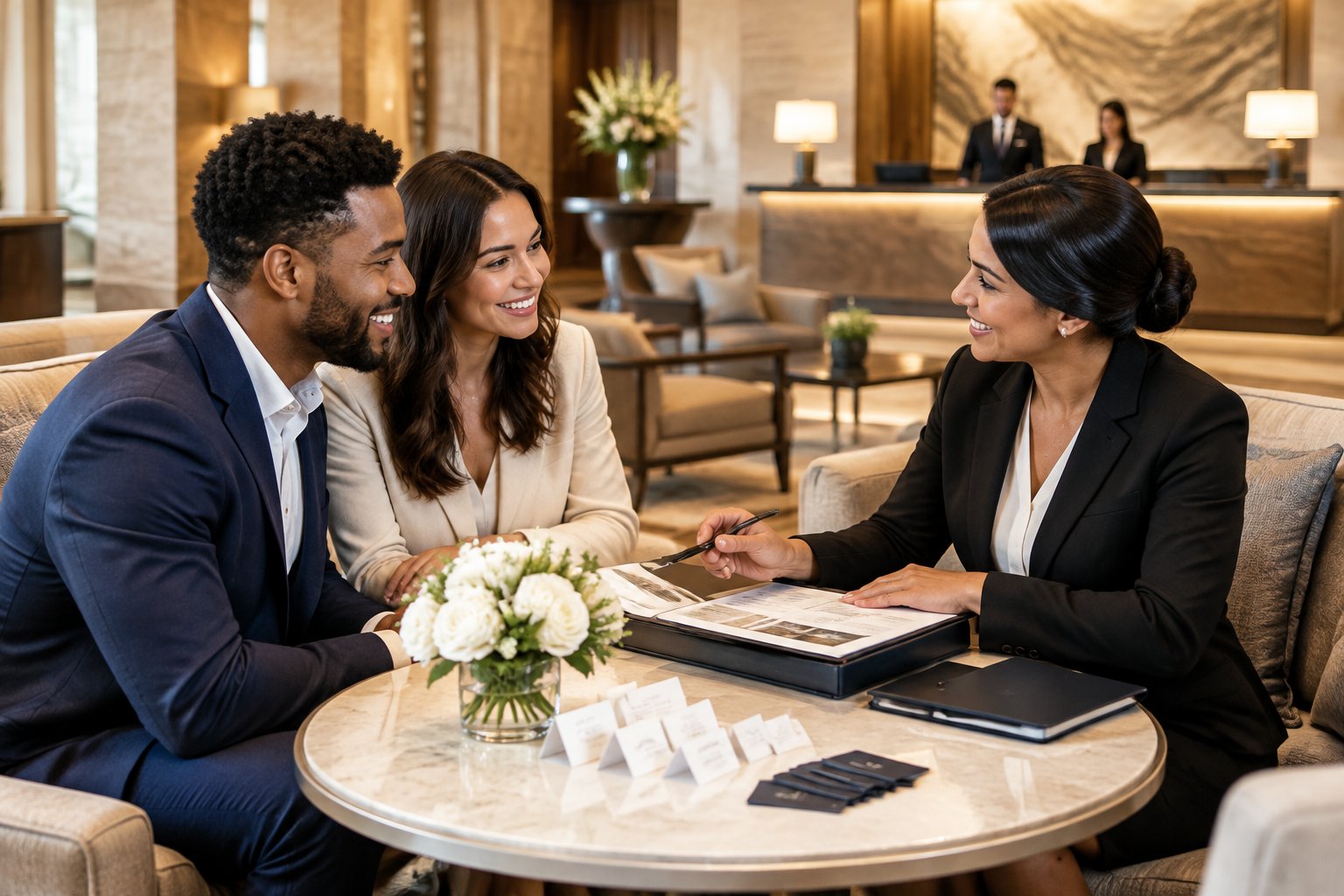 An engaged couple discusses wedding guest accommodations with a hotel events coordinator in an elegant lobby.