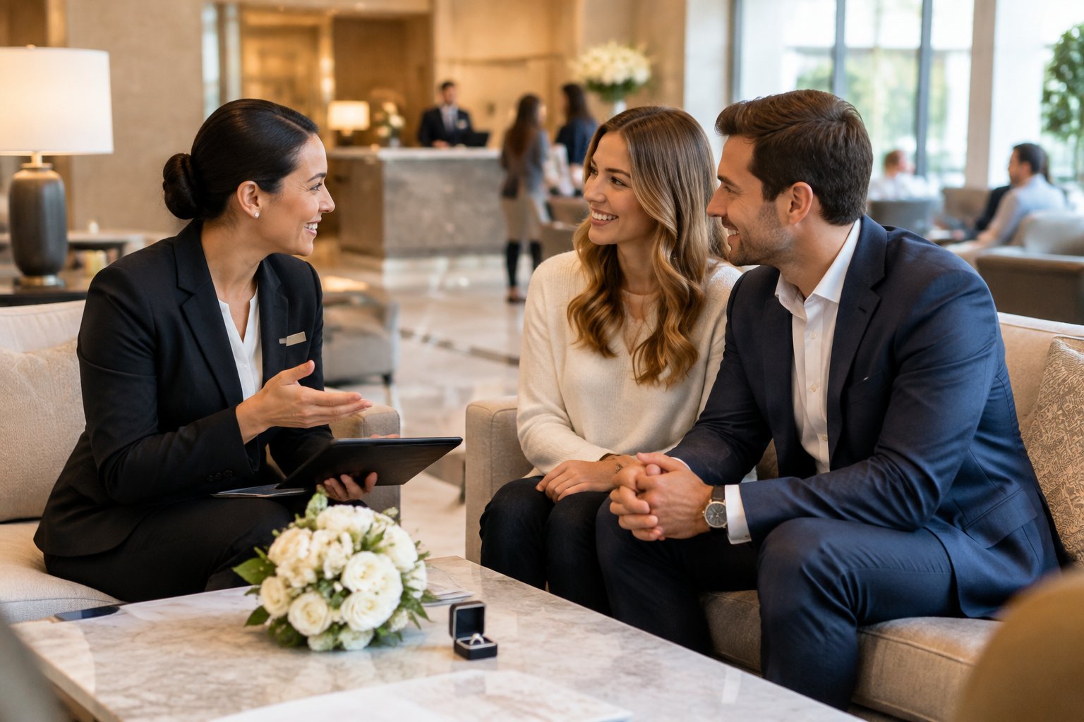 A hotel coordinator discusses wedding room arrangements with an engaged couple in an elegant hotel lobby.