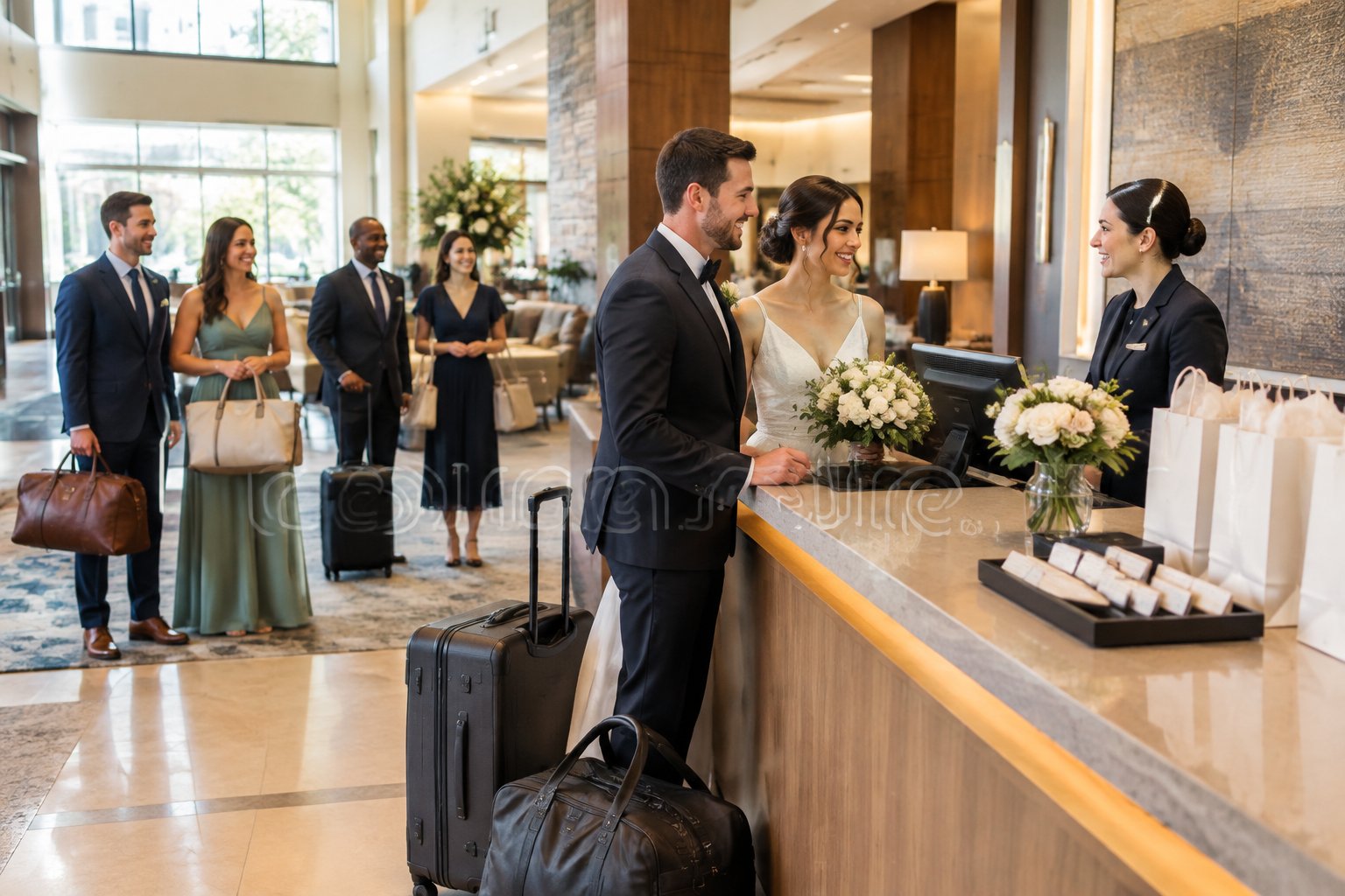 A newlywed couple and wedding guests speak with a hotel reservations associate in an elegant hotel lobby.