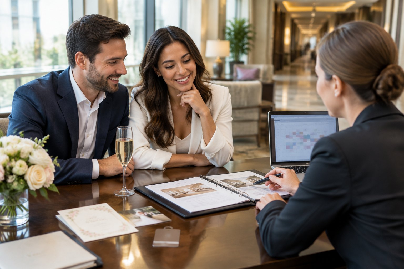 An engaged couple reviews wedding accommodation plans with a hotel events coordinator.