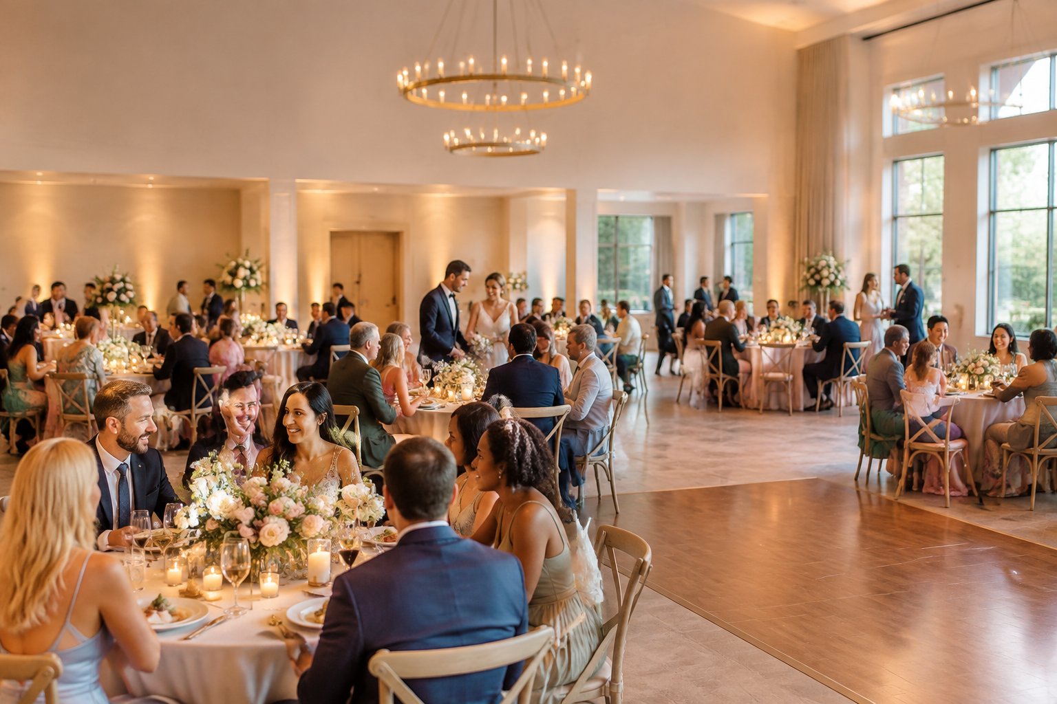 Wedding guests gather around dinner tables in a warmly lit reception venue.