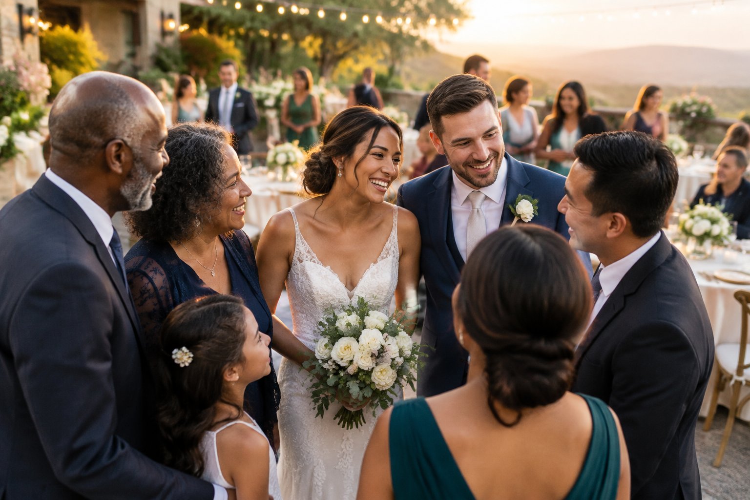 Newlyweds warmly talk with family and friends at an intimate wedding reception.