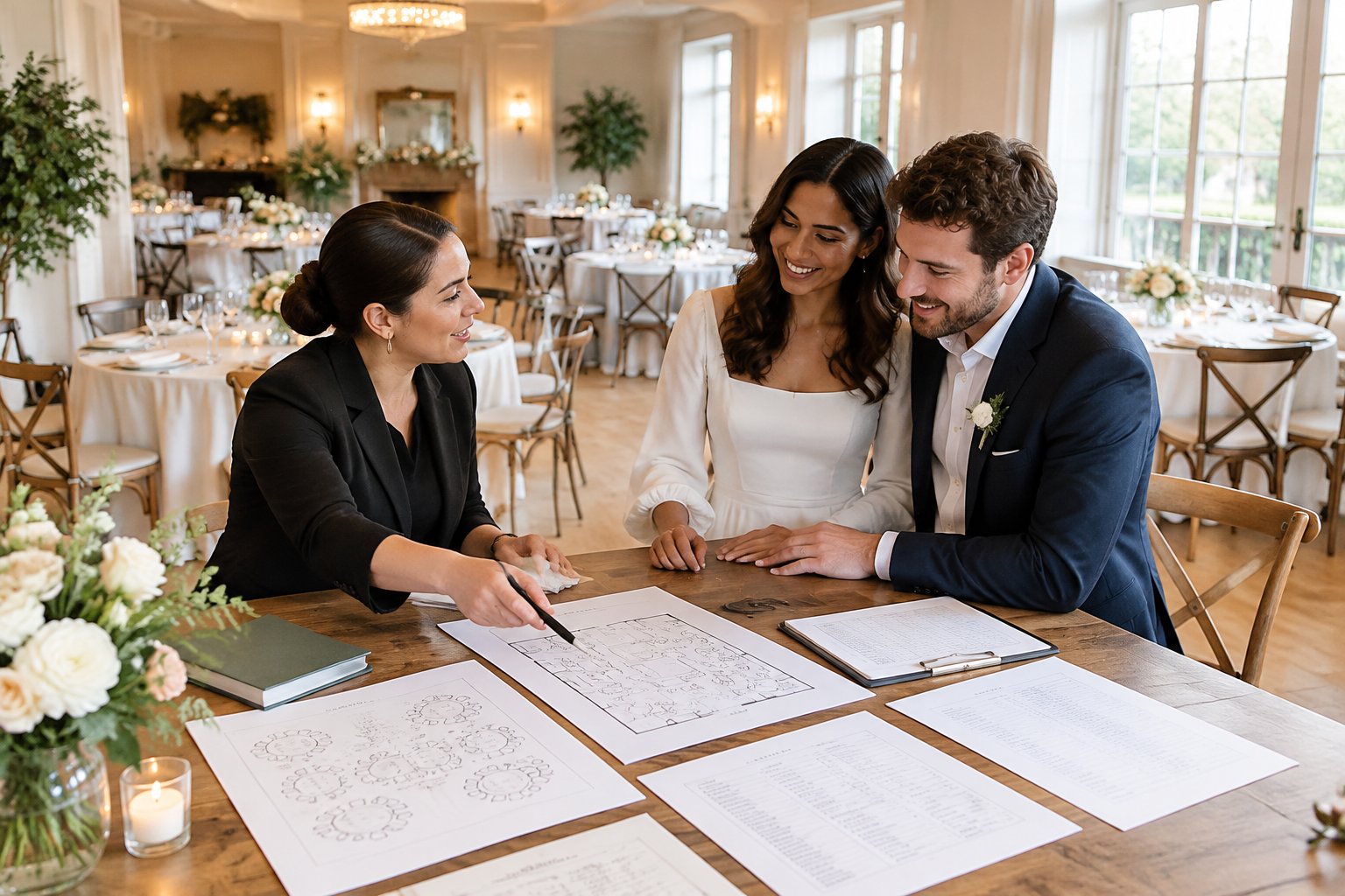 A couple and wedding planner review a reception layout in an elegant venue prepared for an intimate celebration.