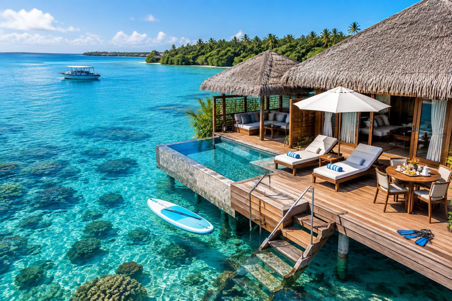 A luxurious overwater bungalow with breakfast, water sports equipment, and a tropical lagoon in Fiji.