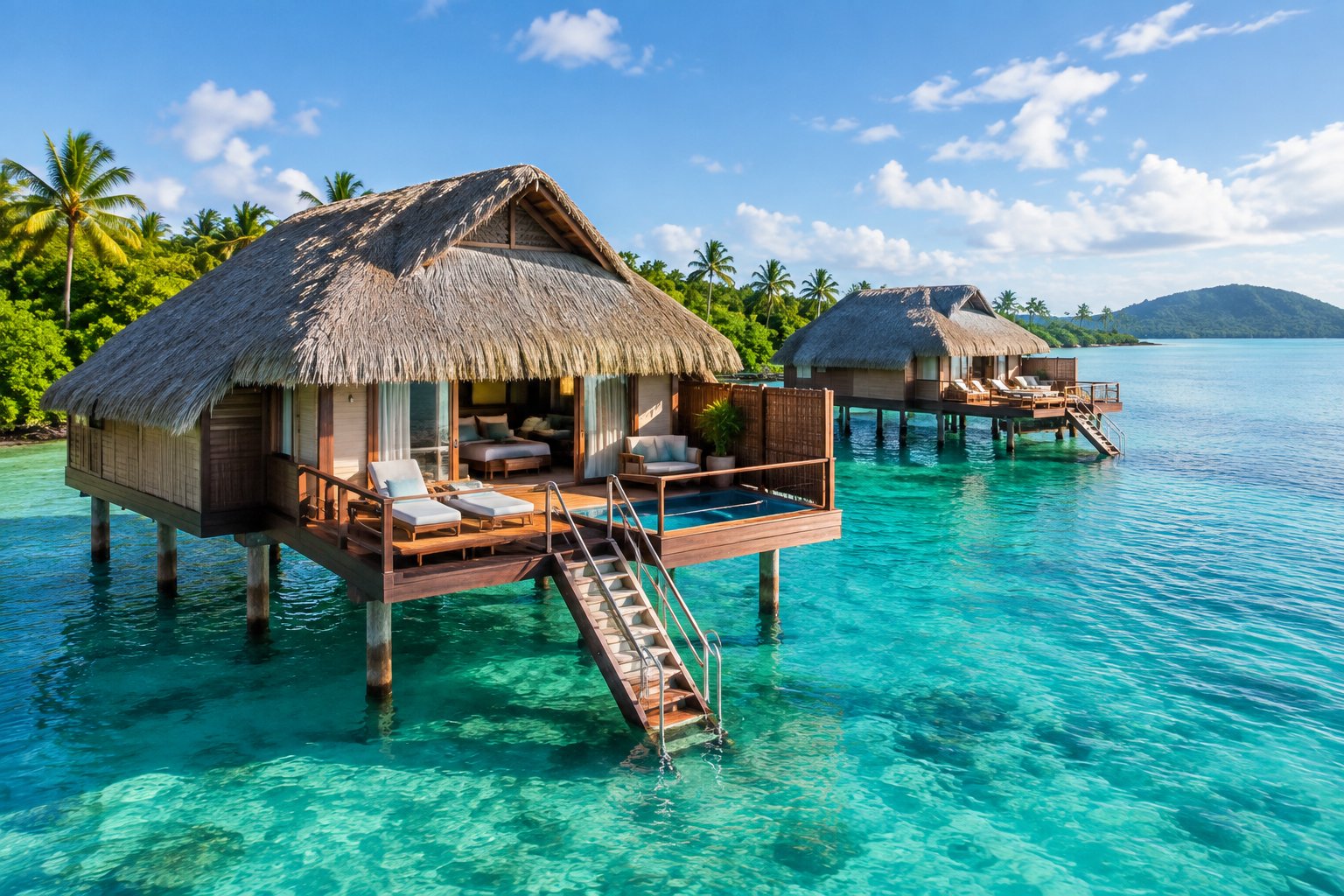 Luxury overwater bungalows above a clear turquoise lagoon in Fiji, surrounded by tropical islands.