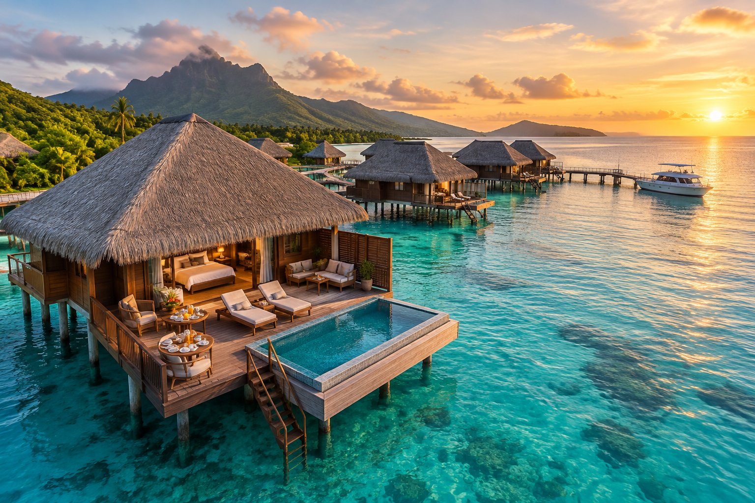 Luxury overwater bungalows connected by a walkway above a clear turquoise lagoon in Fiji.