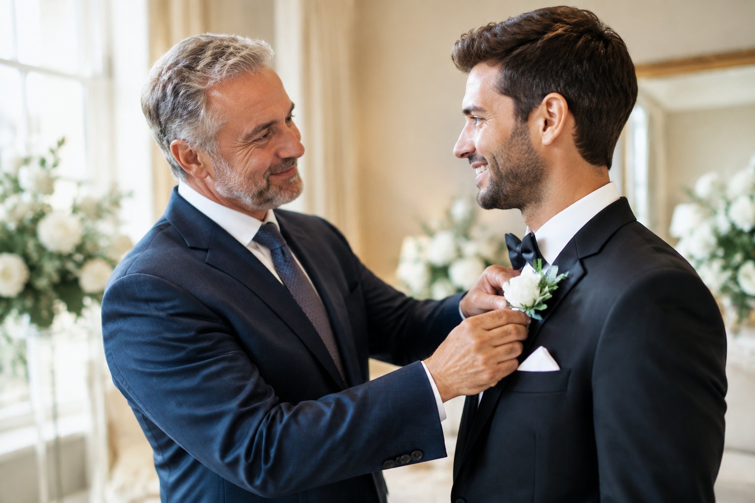 A father helps his son prepare for his wedding ceremony.