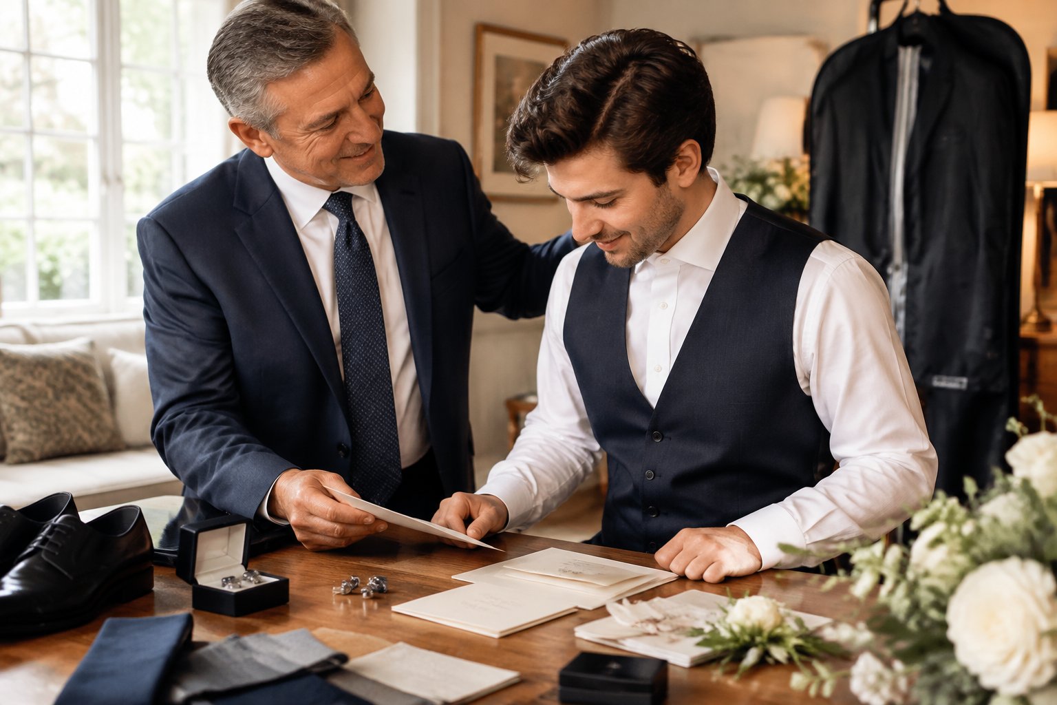 A father helps his son prepare for the wedding by organizing formalwear and wedding accessories.