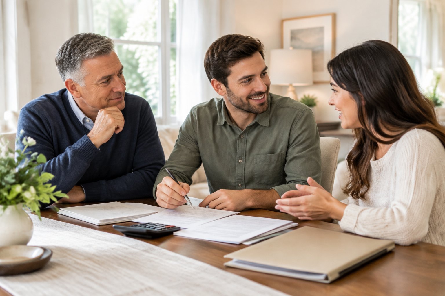 A father discusses wedding finances with his son and future daughter-in-law at a table.