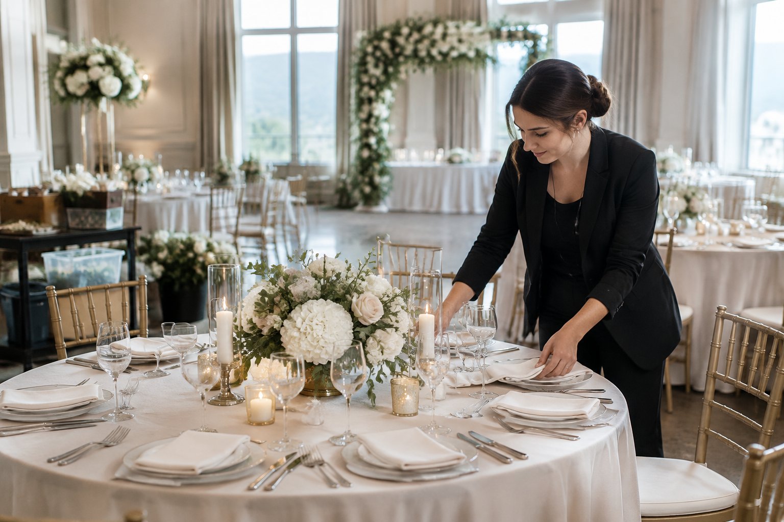 A wedding coordinator arranges table decor and centerpieces in a reception venue.