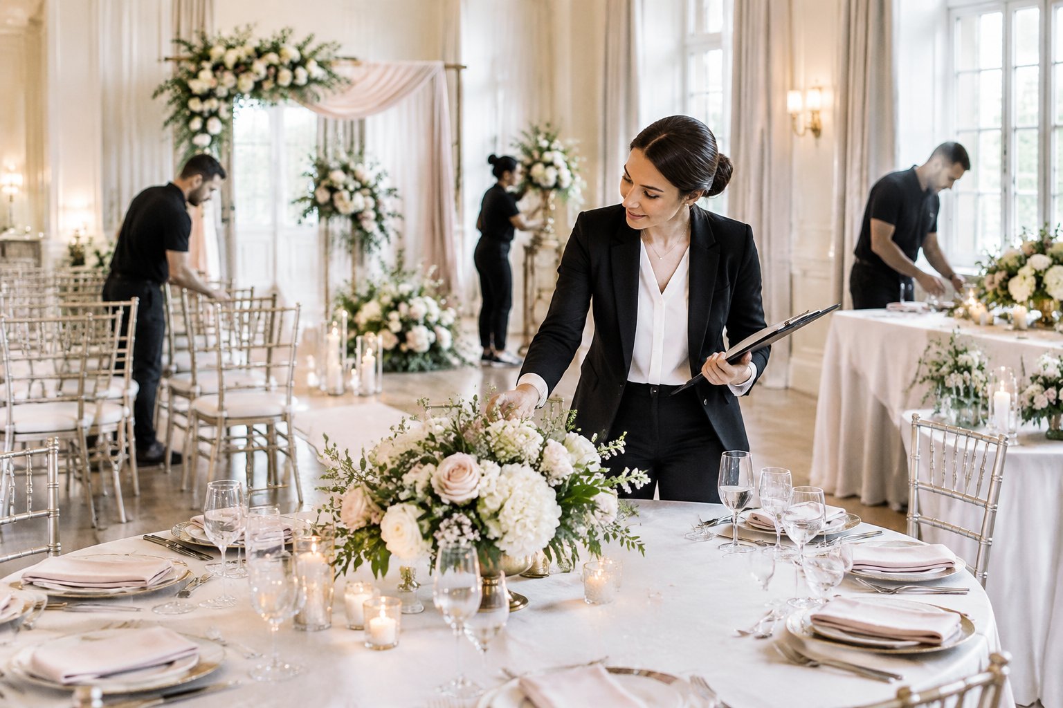 A wedding coordinator oversees a team arranging flowers, chairs, and table settings in a decorated venue.