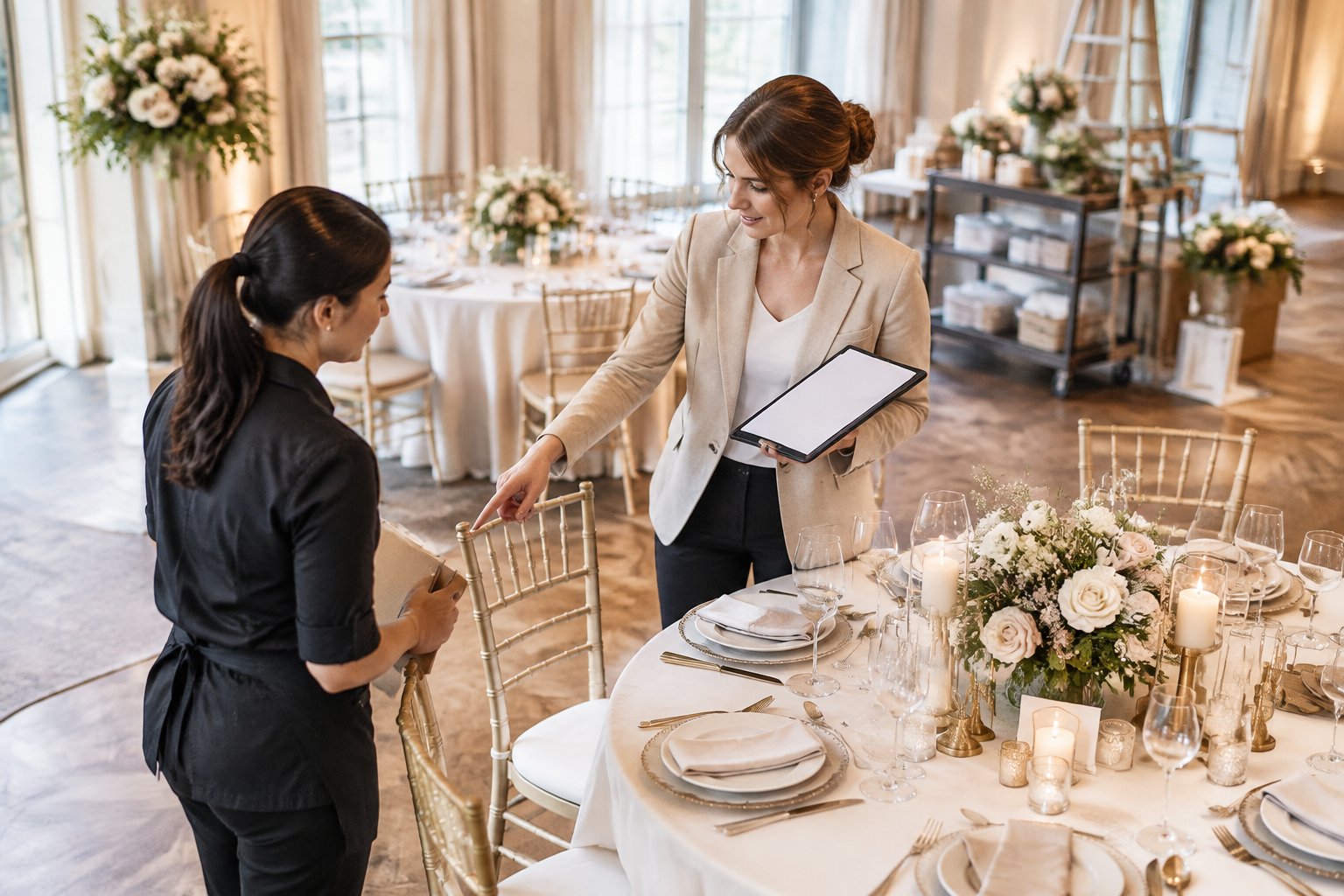 A wedding coordinator reviews reception table decorations with an assistant in a prepared wedding venue.
