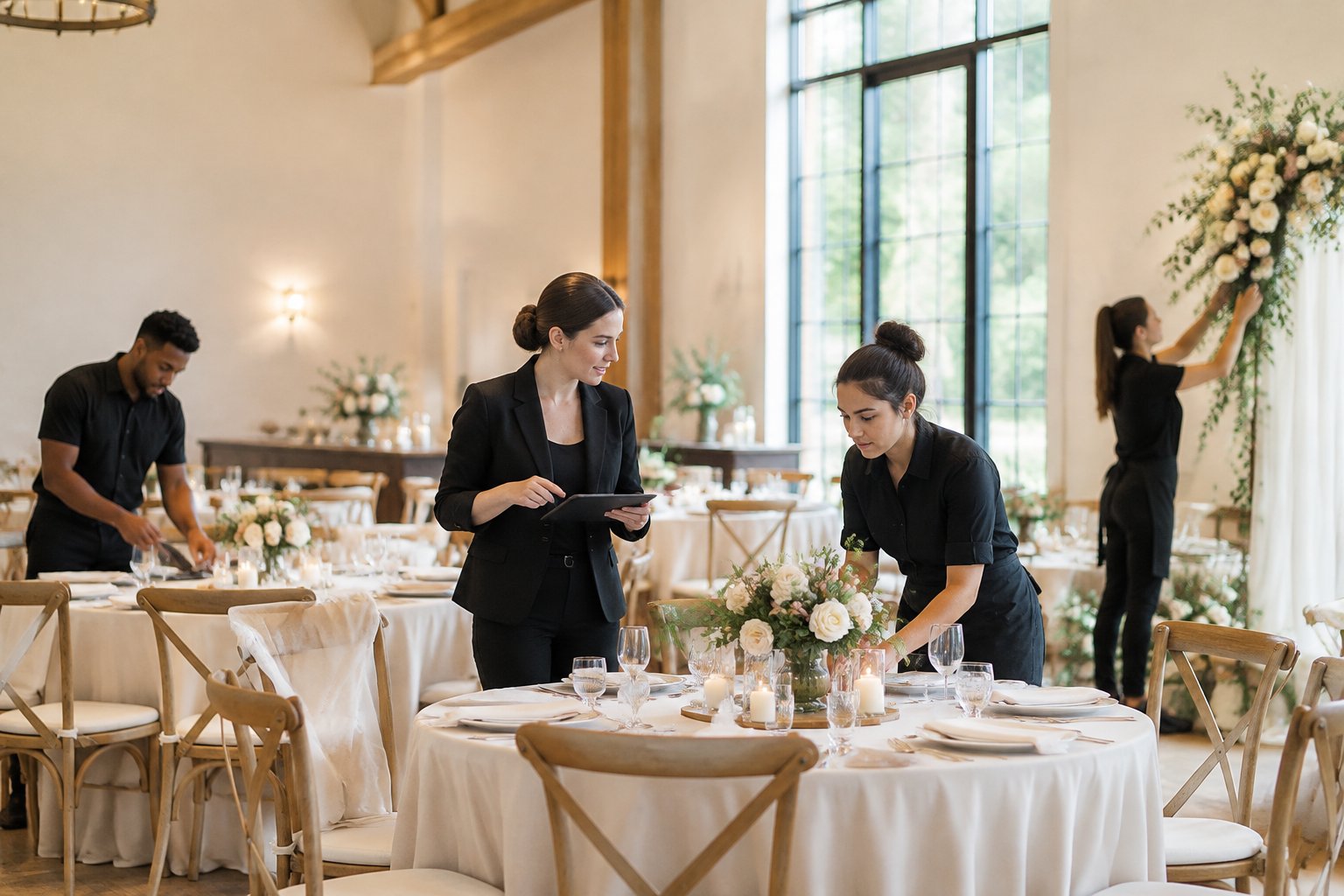 A wedding coordinator directs assistants as they arrange reception tables and floral décor.