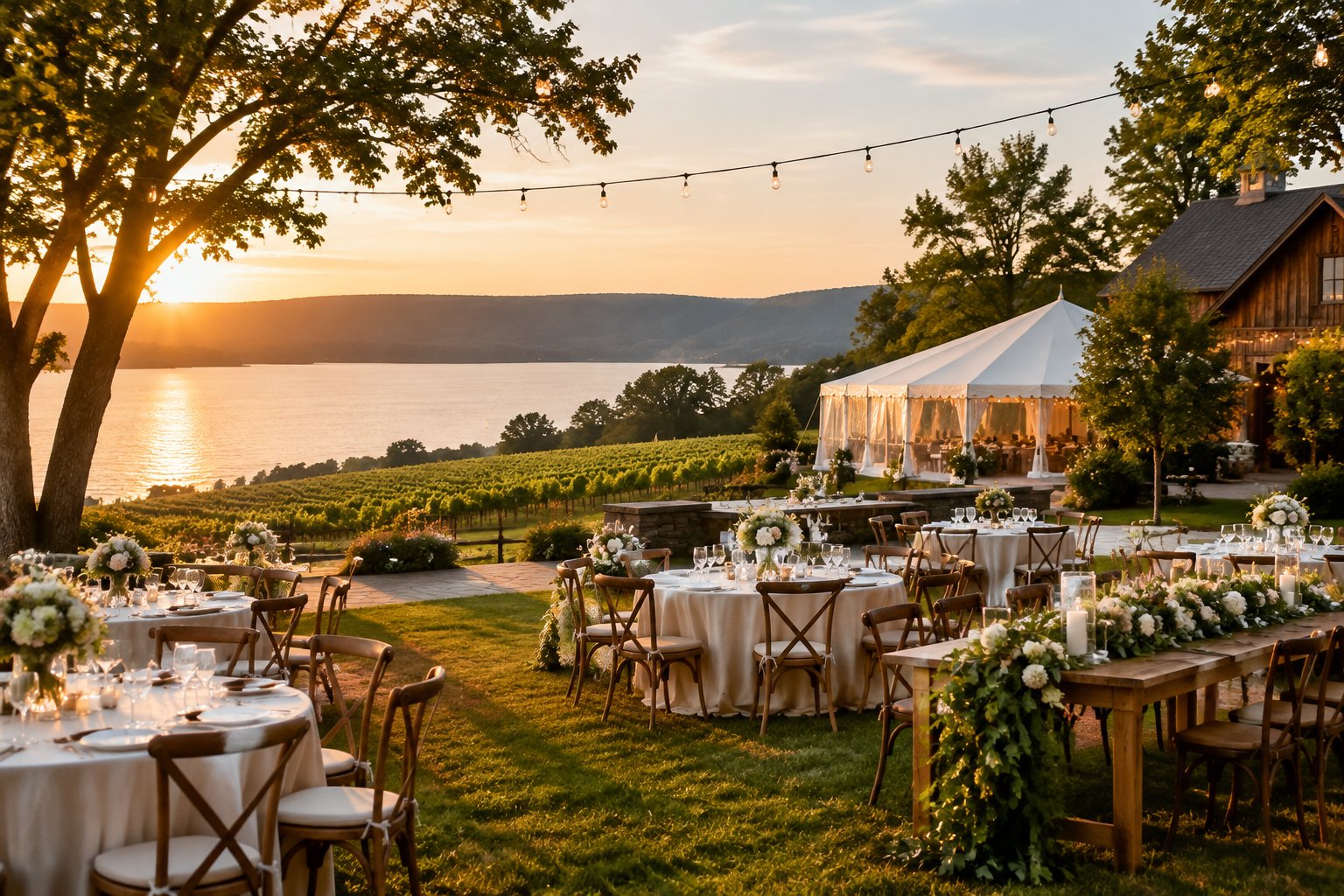 An elegant lakeside wedding venue with decorated tables, rolling hills, and a calm lake at sunset.