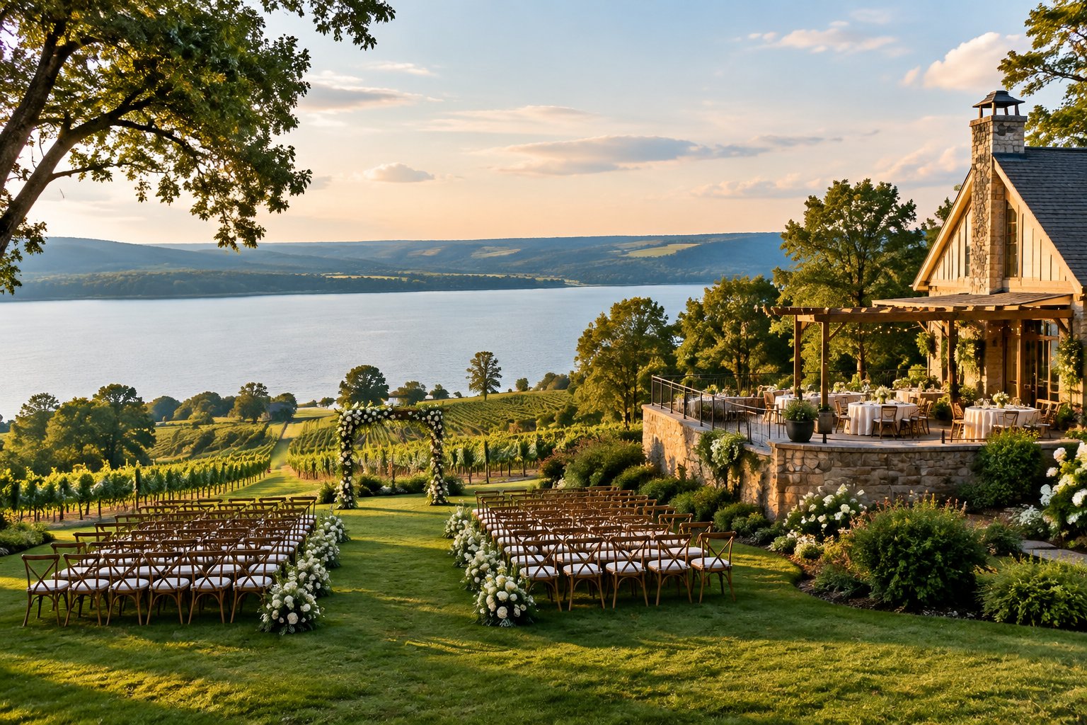 An elegant lakeside wedding venue surrounded by vineyards, green hills, and mature trees in the Finger Lakes region.