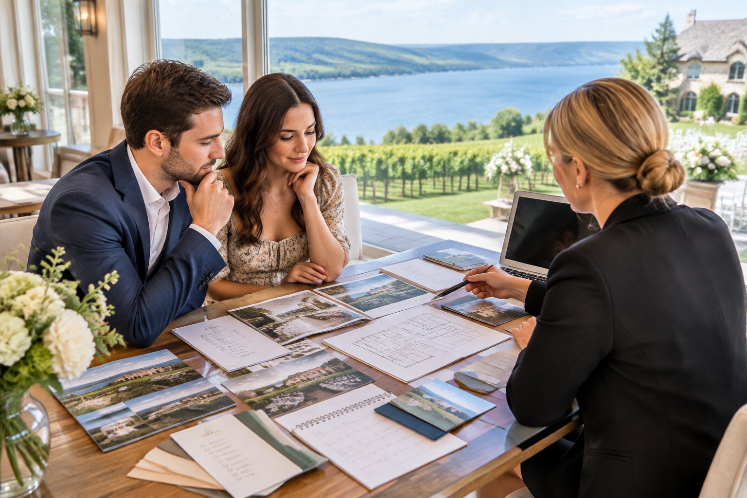 A couple compares wedding venue materials at a table overlooking a Finger Lakes landscape.