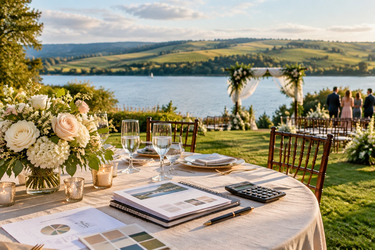 A lakeside wedding venue with vineyard-covered hills, an outdoor ceremony arbor, and a reception table with wedding planning items.