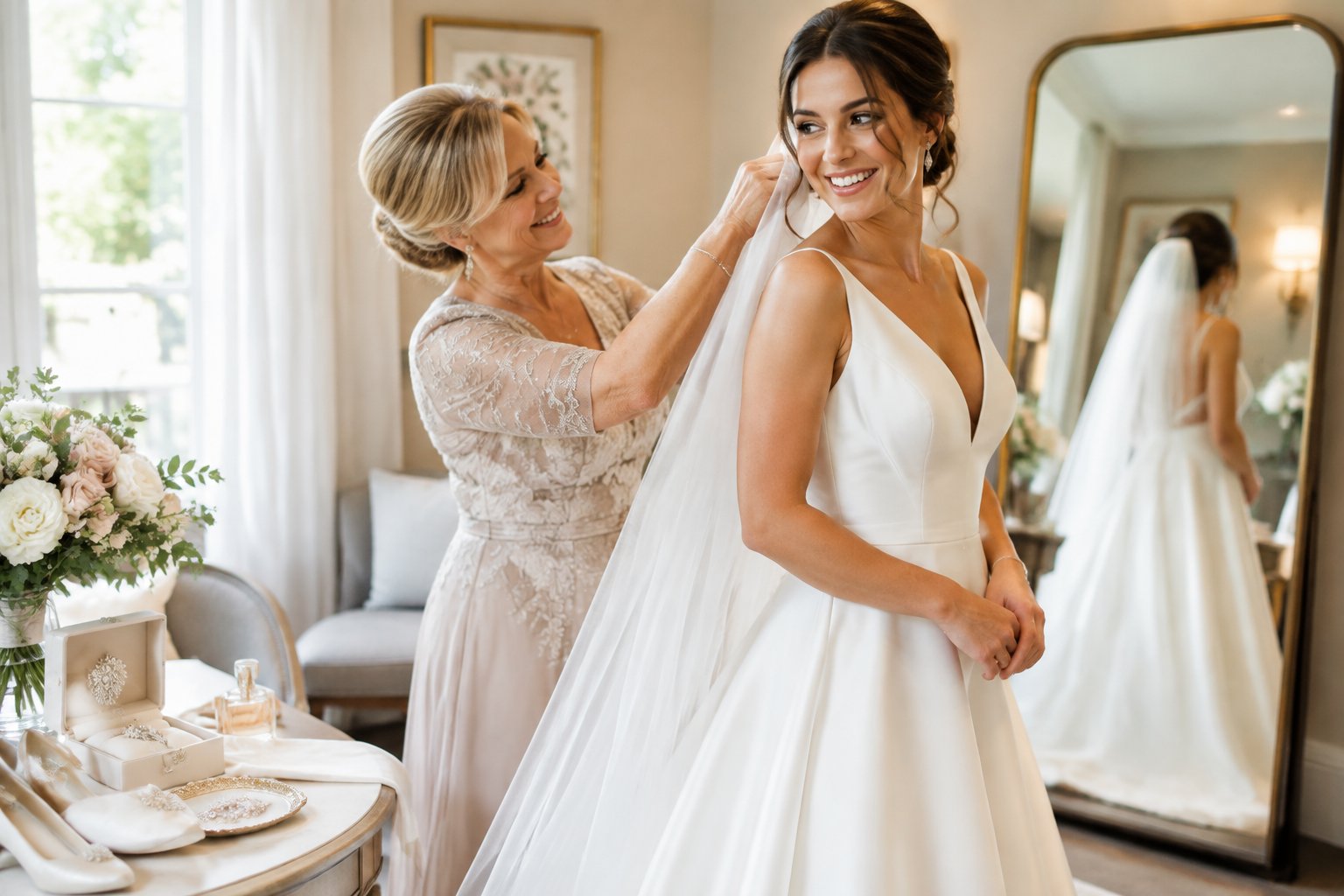 A mother helps the bride adjust her veil in a wedding dressing room.