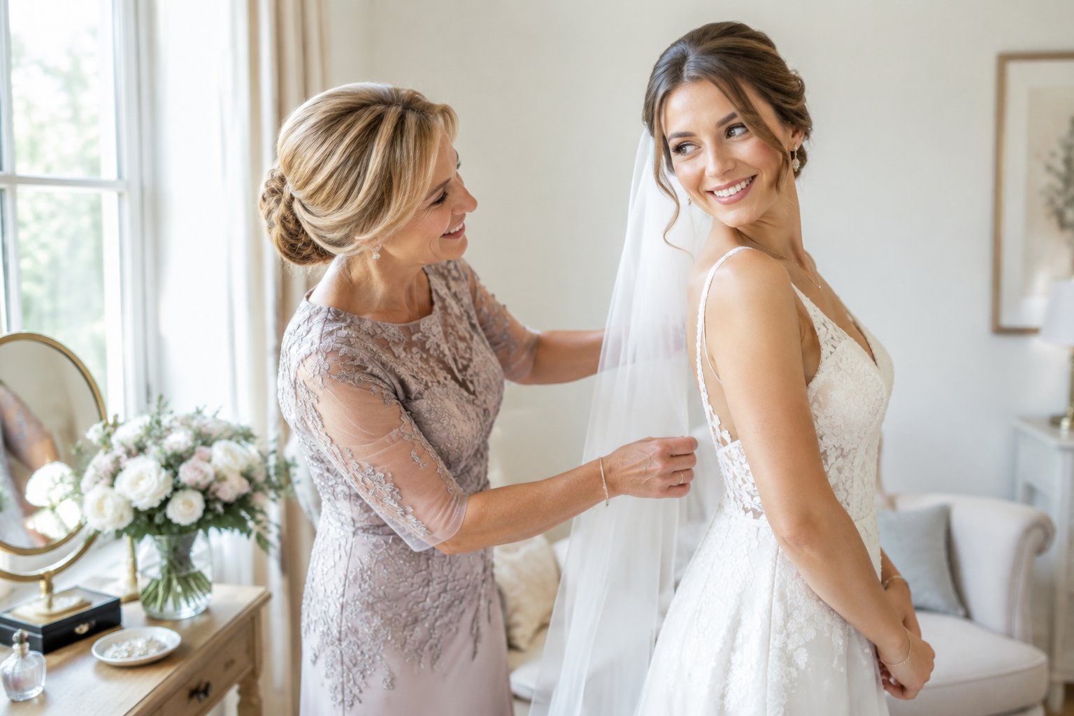 A mother helps the bride adjust her veil in a bright bridal suite.