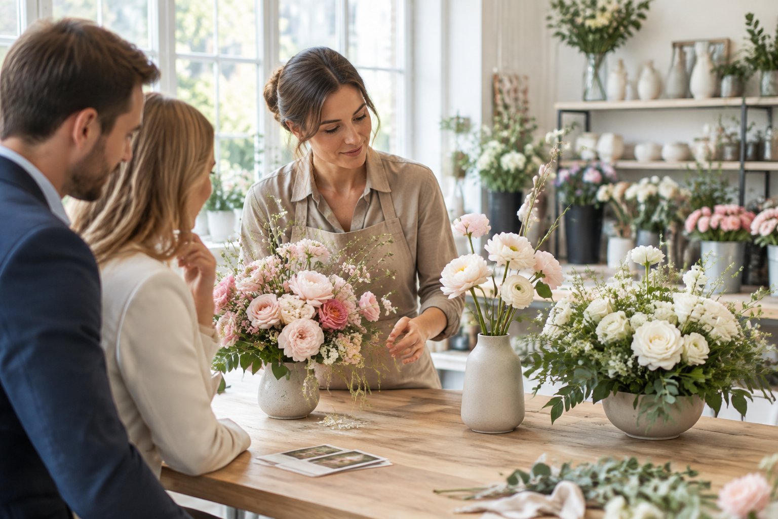 A florist compares several wedding flower arrangements on a worktable in a bright studio.