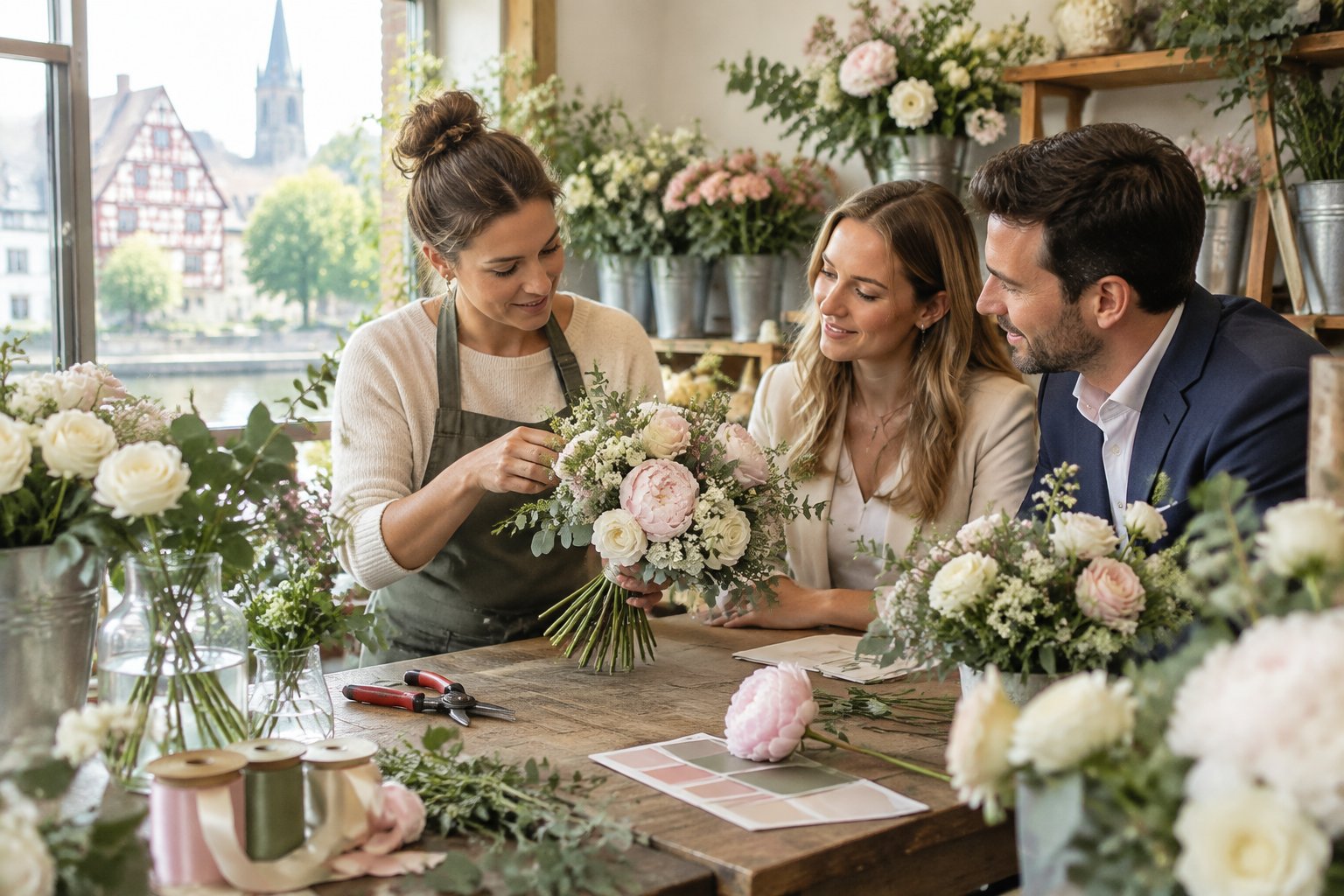 A florist helps an engaged couple choose flowers for a wedding in a flower shop.