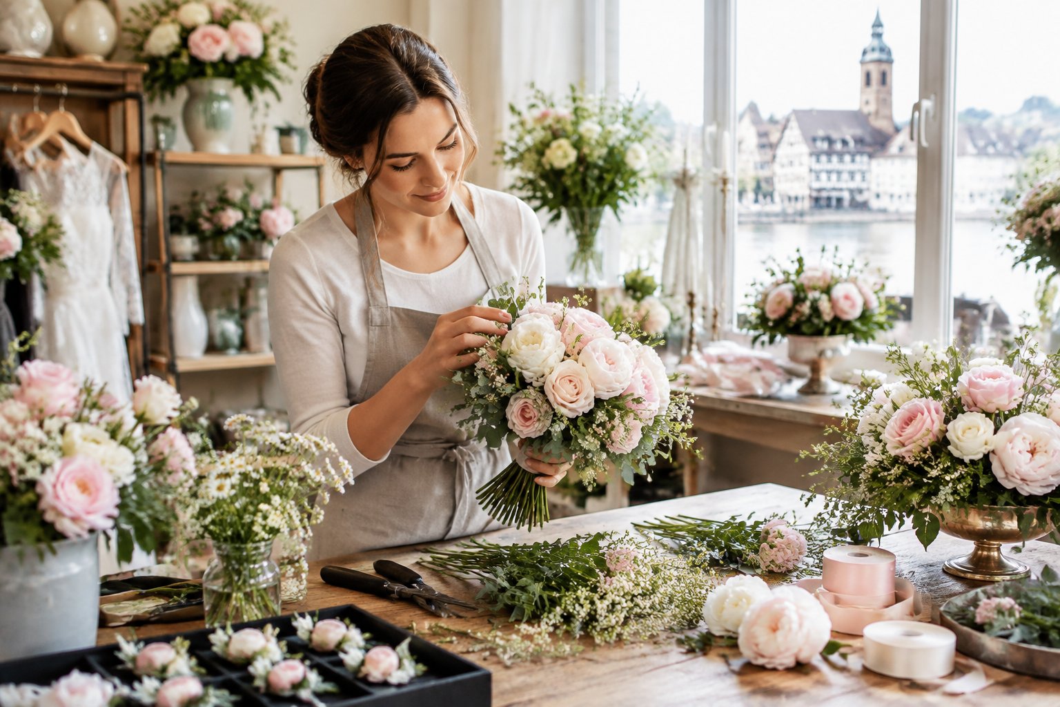 A florist arranges white and blush wedding flowers in a bright studio.