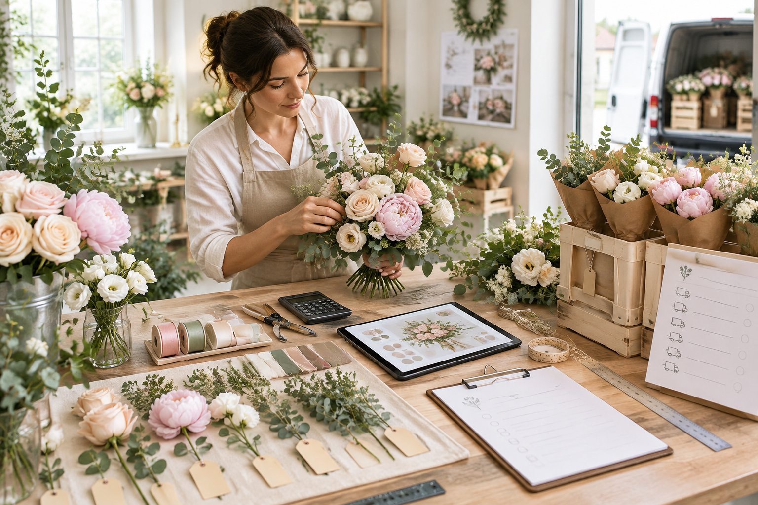 Florist organizing wedding flowers, supplies, and delivery materials on a studio worktable.