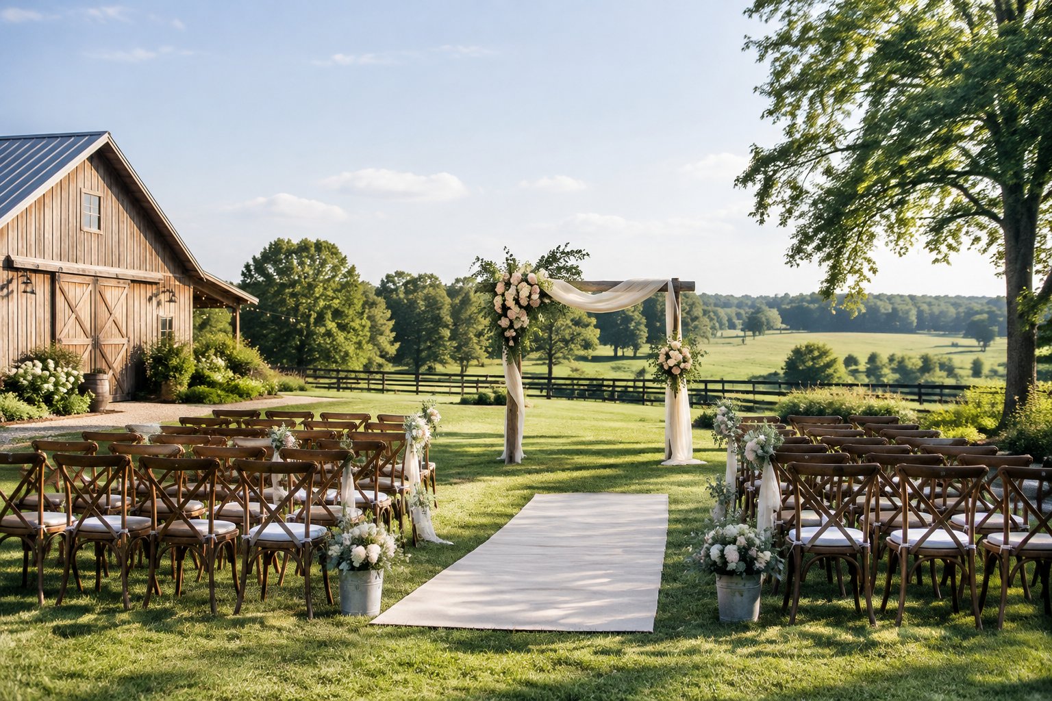 Outdoor wedding ceremony setup at a rustic farm venue with a flower-decorated arbor, wooden chairs, and green fields.