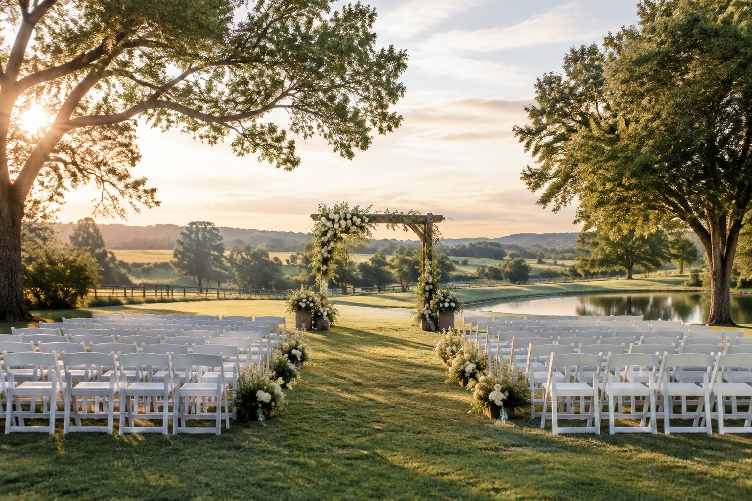 An outdoor wedding ceremony area with white chairs, a floral arbor, and a landscaped countryside setting.