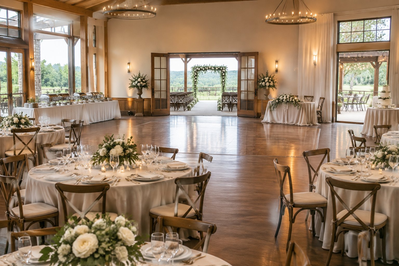 A fully prepared wedding venue with decorated tables, a ceremony area, a dance floor, and catering stations.