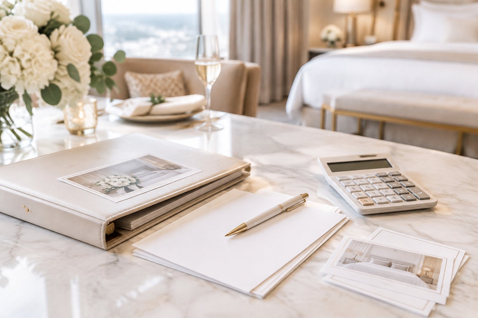 Wedding hotel room planning materials arranged on a table in an elegant hotel setting.
