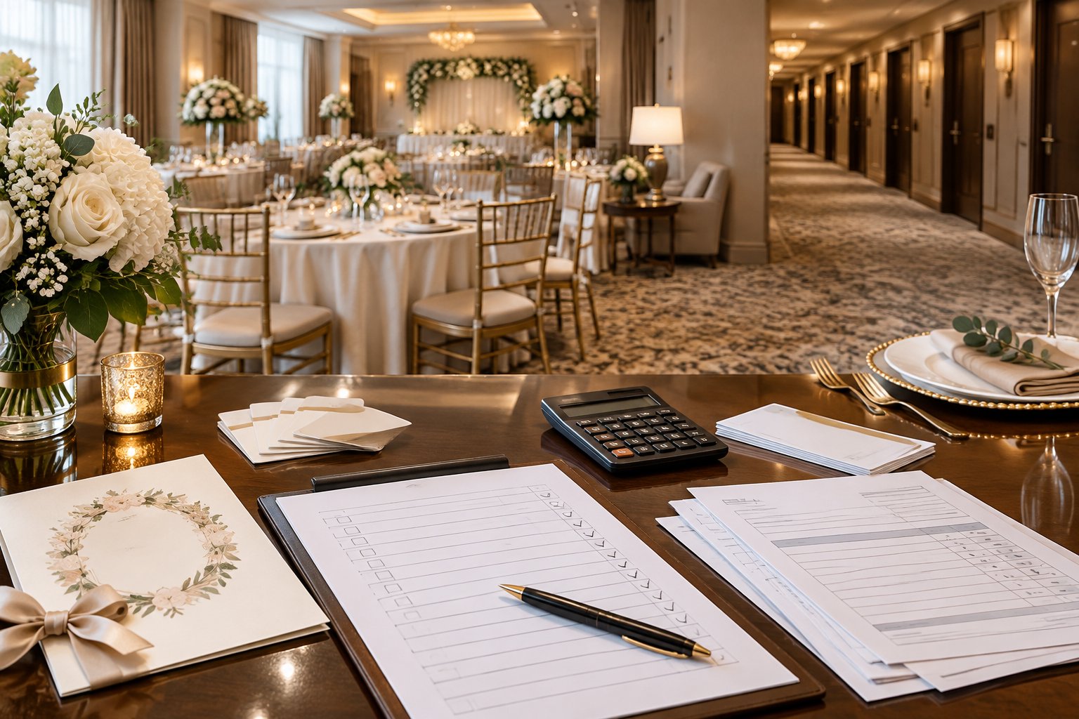 Wedding hotel room-block planning materials beside empty banquet tables and unoccupied hotel rooms.