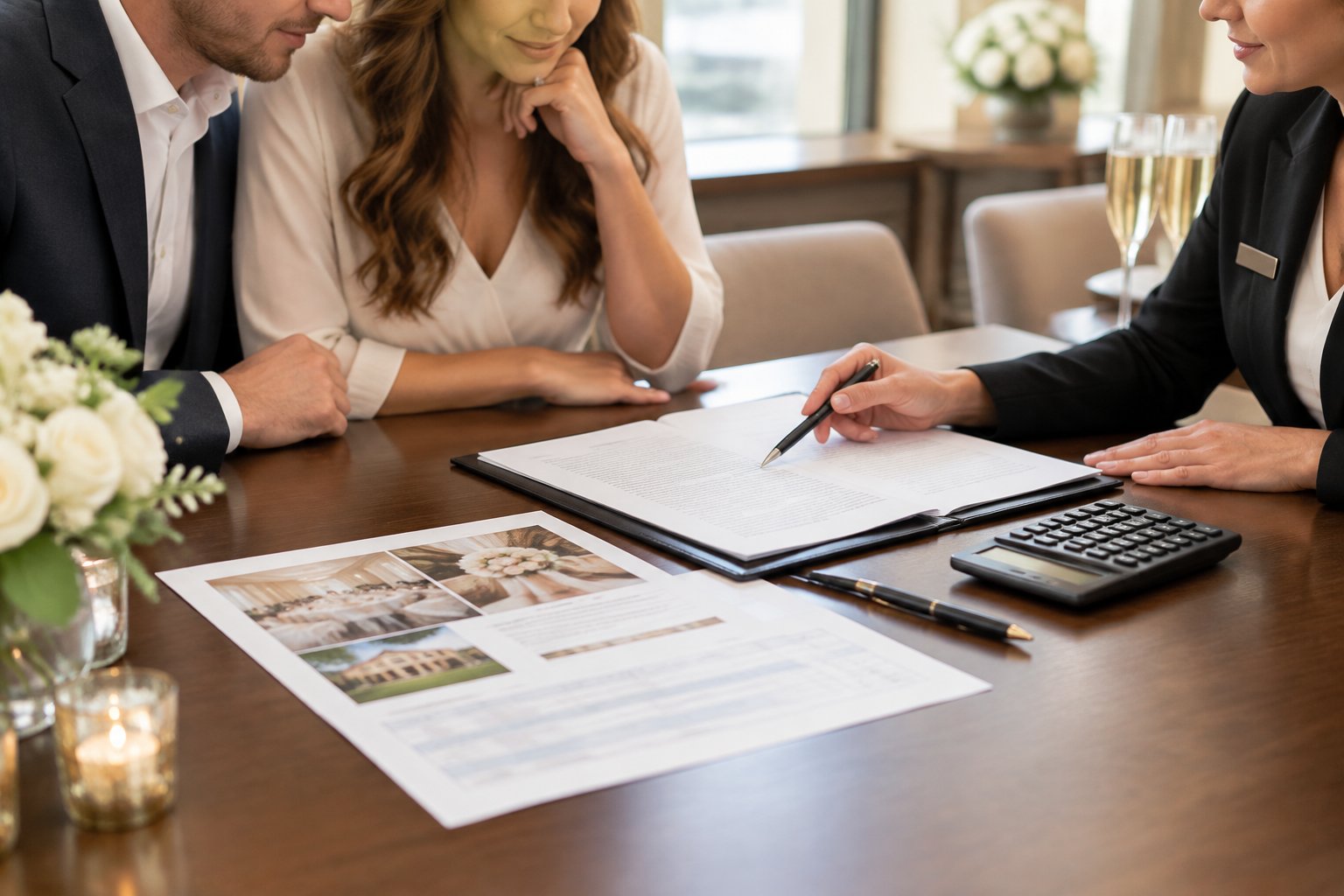 A couple and hotel coordinator review wedding room reservation documents at a hotel table.