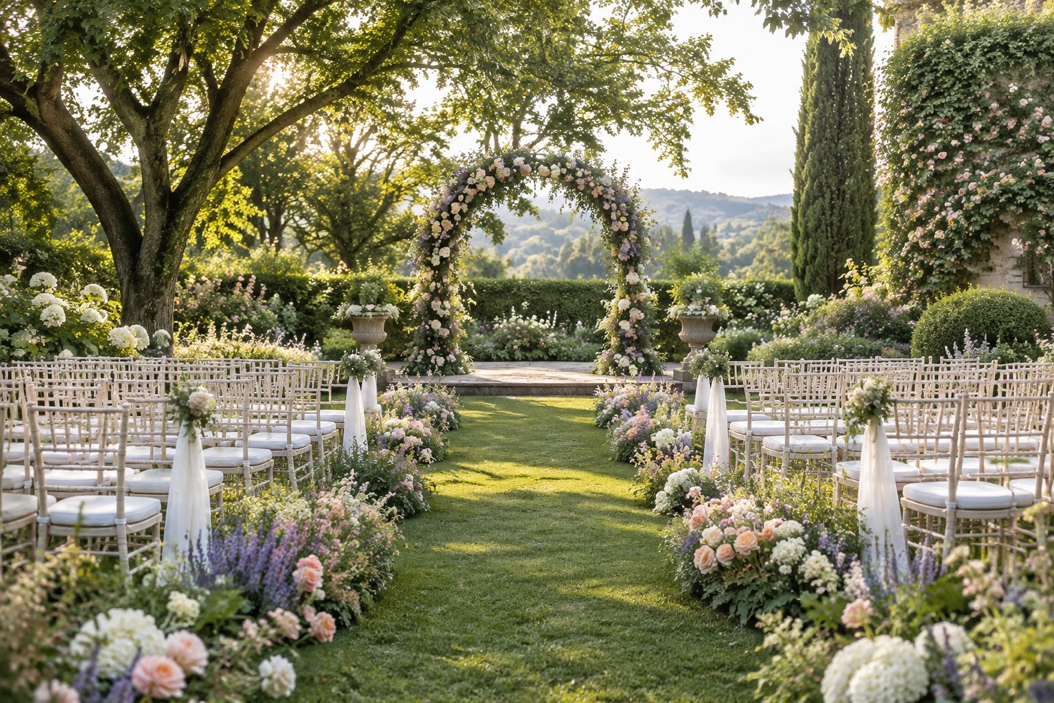 An elegant wedding ceremony setup in a lush flower garden with a floral arch and rows of chairs.