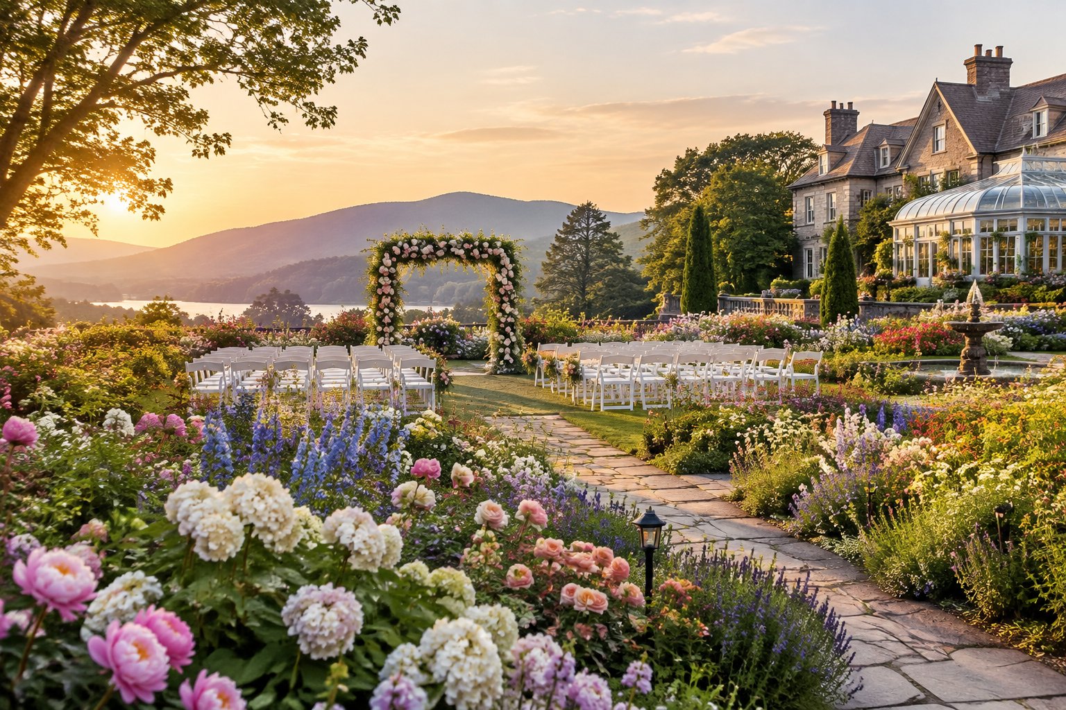 A garden wedding venue surrounded by colorful flowers, with a floral ceremony arch and rows of white chairs.