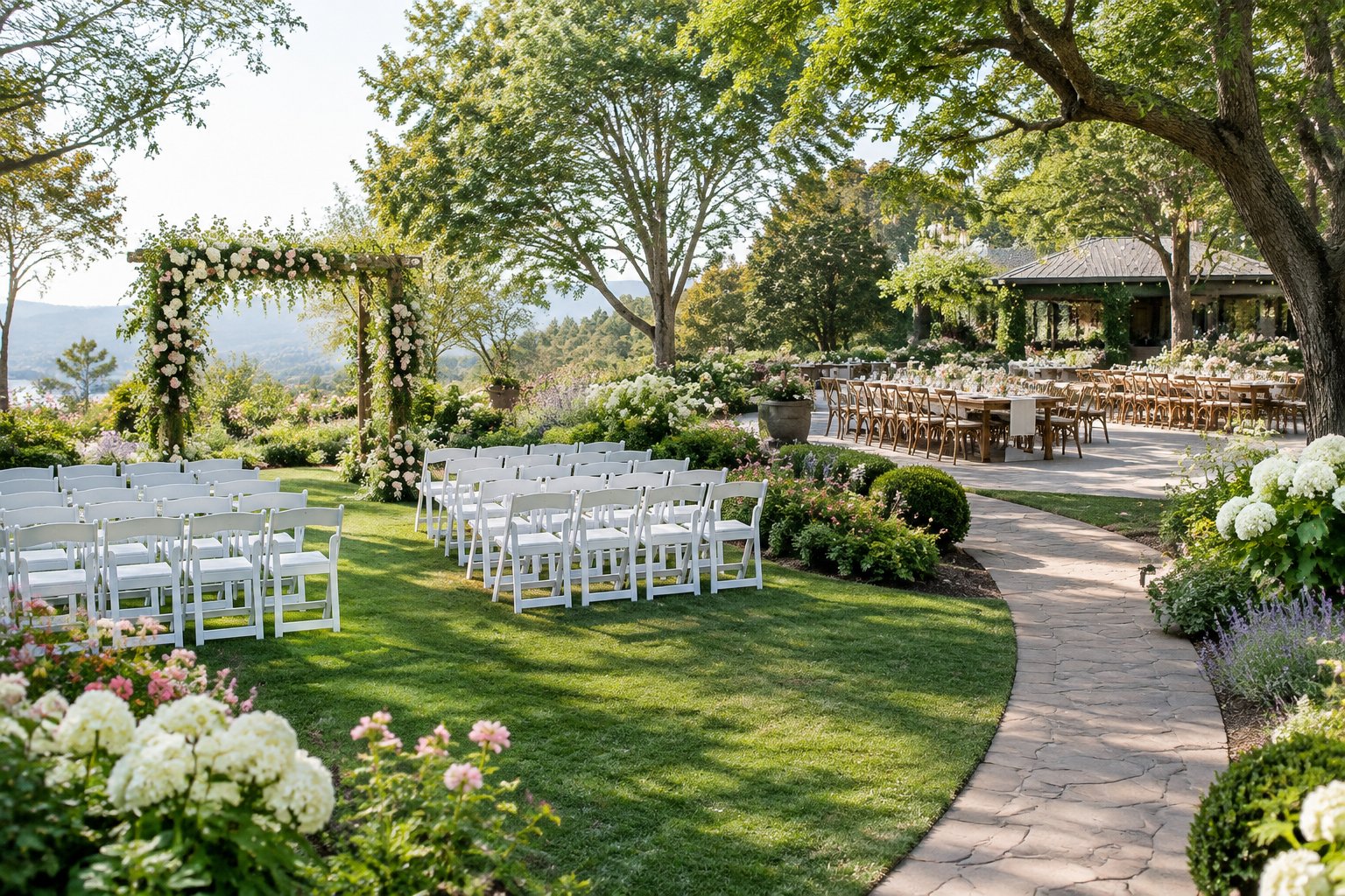 A flower garden wedding venue with a floral ceremony arbor and an elegant reception area arranged among blooming gardens.