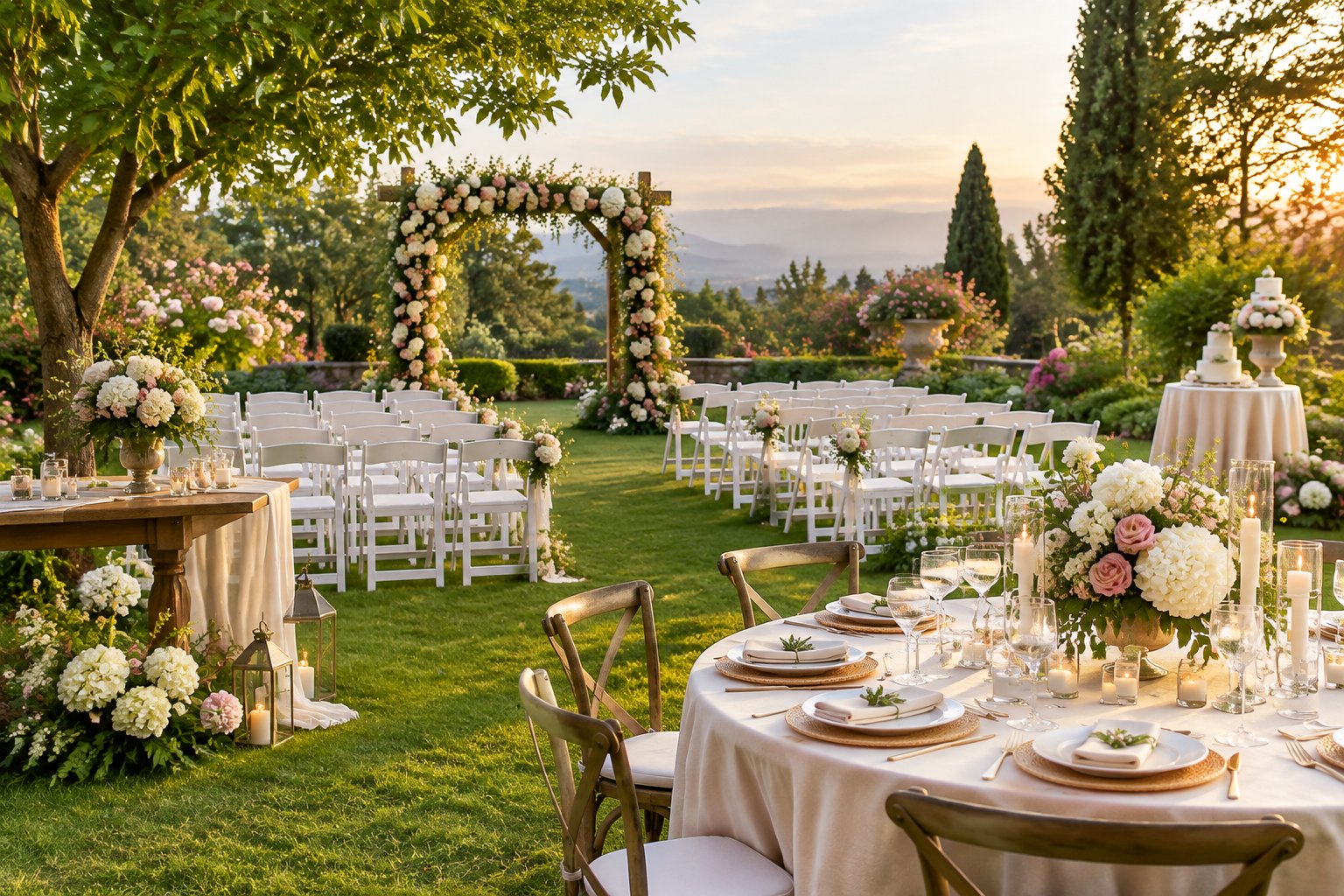 An elegant wedding ceremony and reception setup surrounded by blooming flowers in a garden.