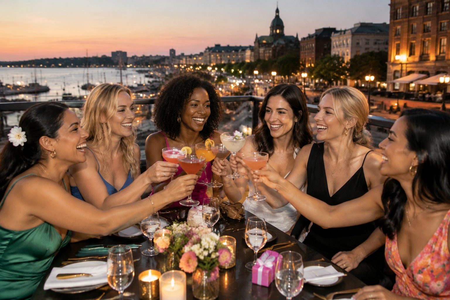 A group of women celebrates a bachelorette party over cocktails at an outdoor evening restaurant in a lively city.