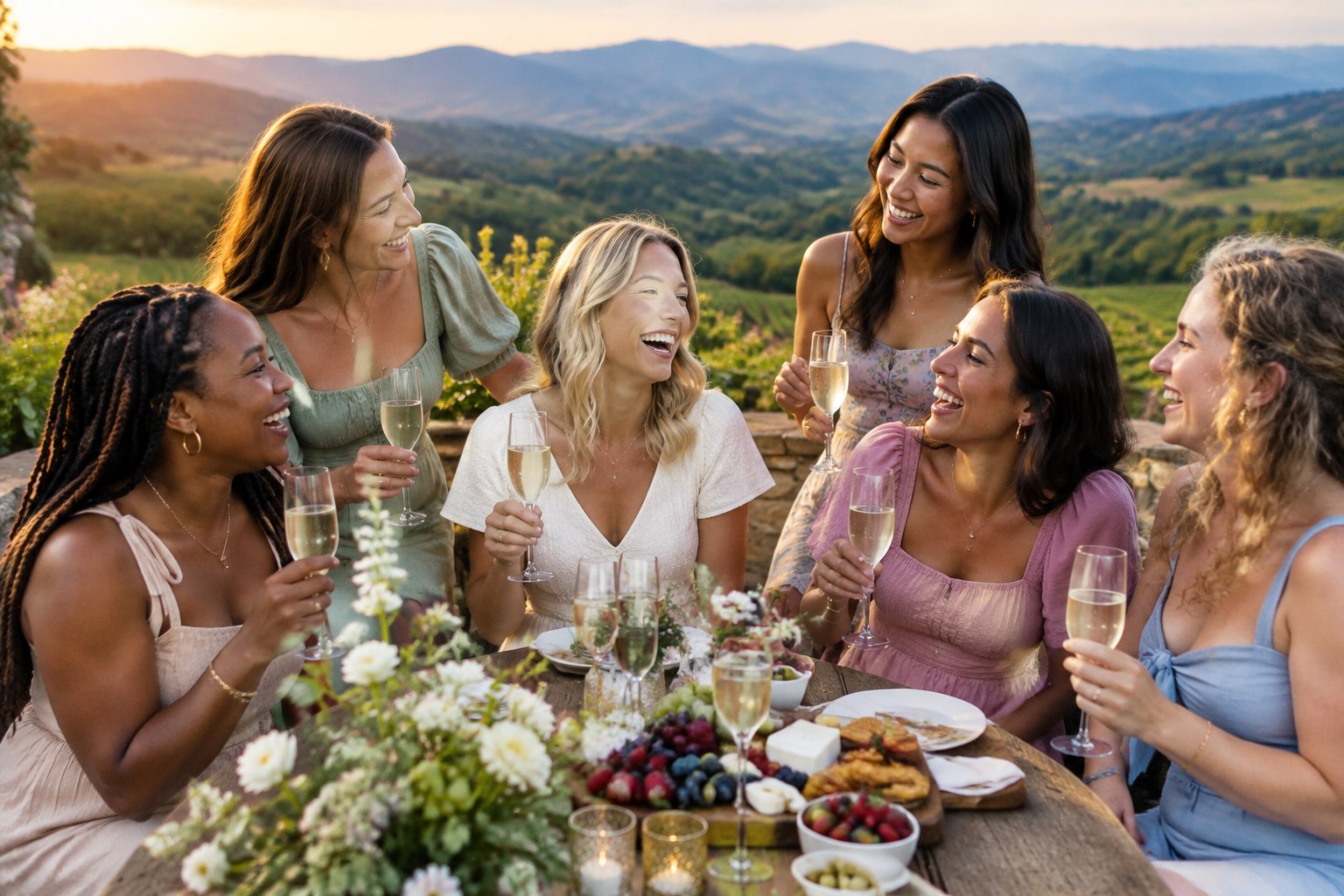 A group of diverse women friends celebrating together on a terrace overlooking vineyards and mountain hills.