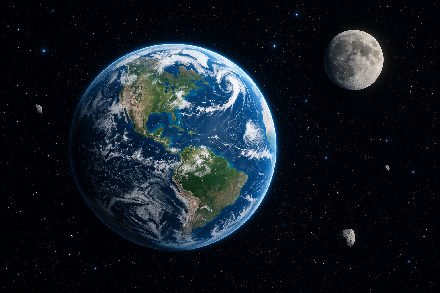 Earth with its large Moon and several small asteroids passing nearby in space.