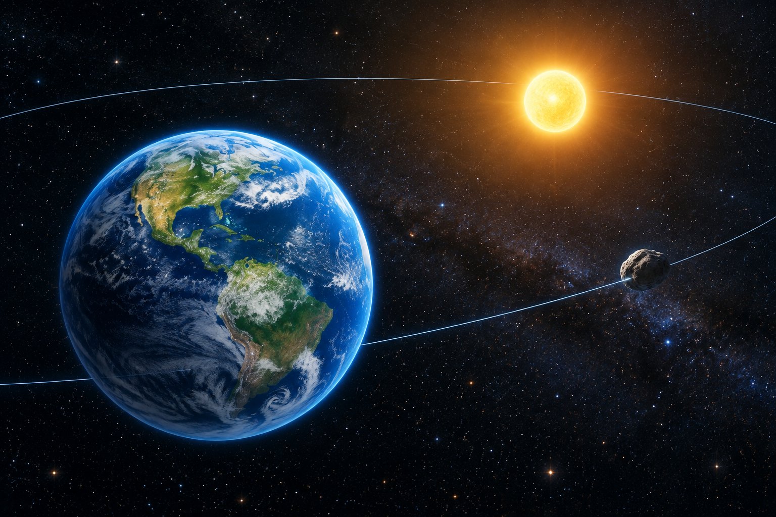 Earth and a small rocky quasi-satellite traveling together around the Sun in space.