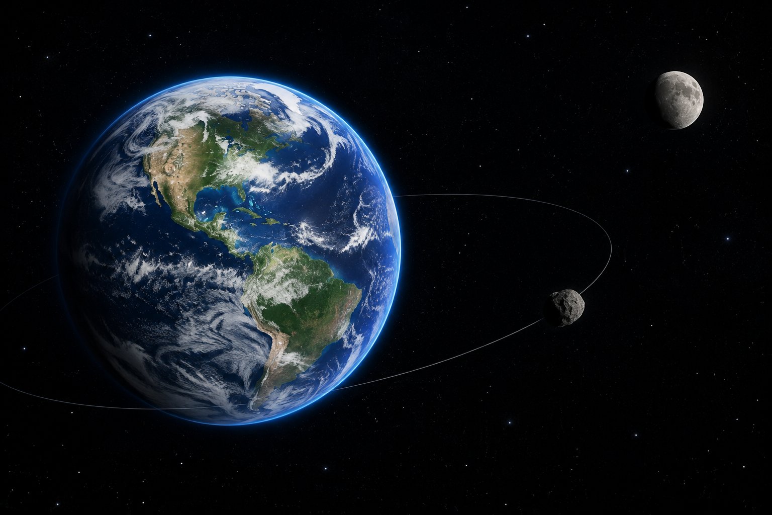 Earth with a small rocky asteroid temporarily orbiting nearby and the Moon in the distance.