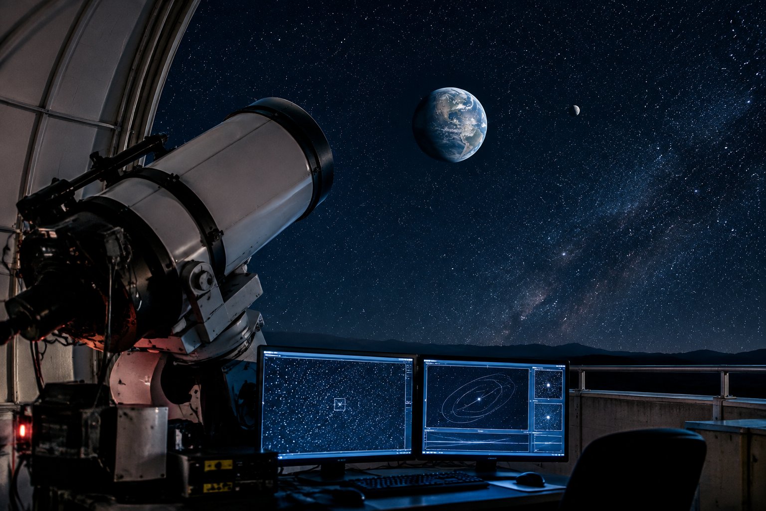 An astronomer uses a telescope at night to observe a tiny faint object near Earth.
