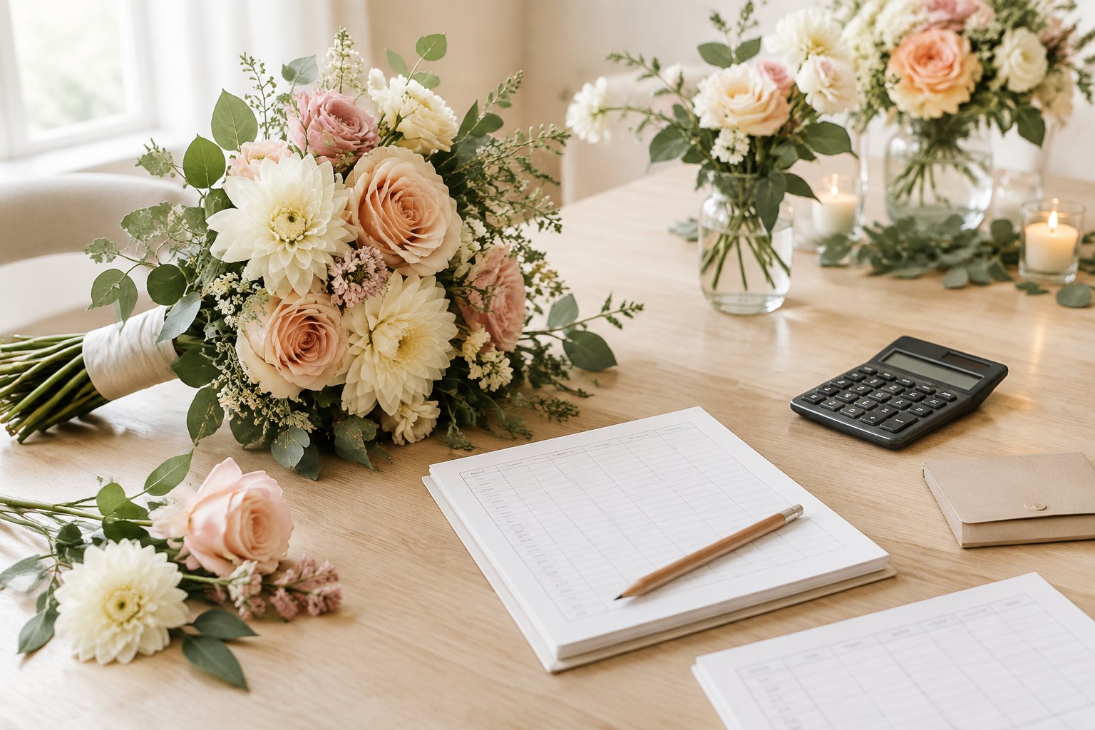 Wedding flowers, greenery, a calculator, and blank budgeting papers arranged on a tabletop.