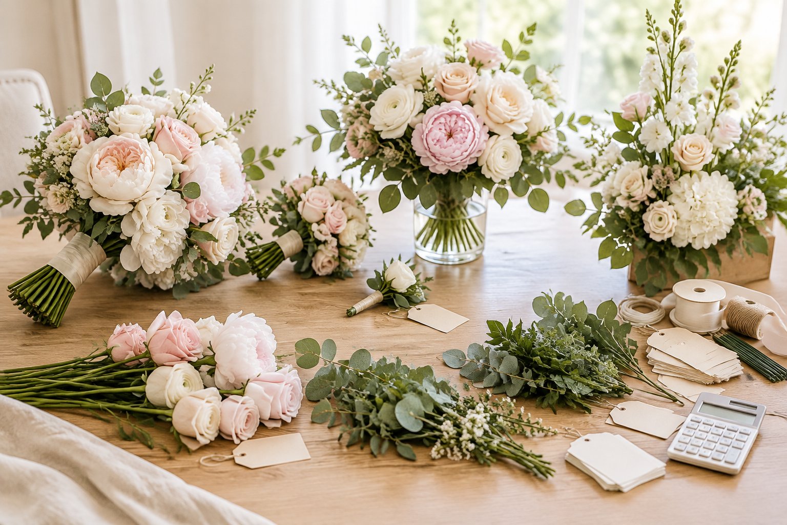 Wedding flowers and floral arrangements organized on a table for cost comparison.