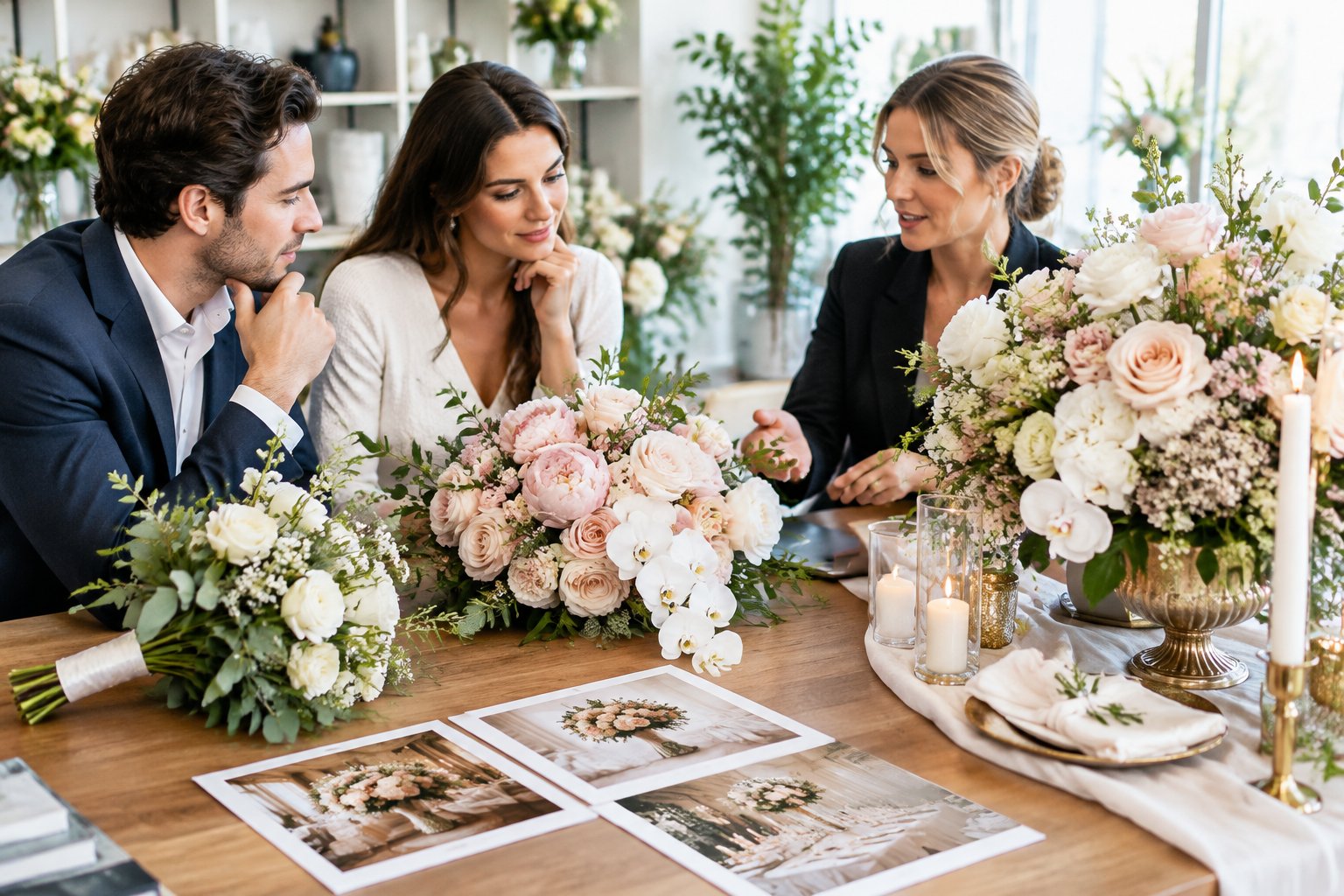 A couple compares different wedding flower arrangements with a florist in a bright floral studio.