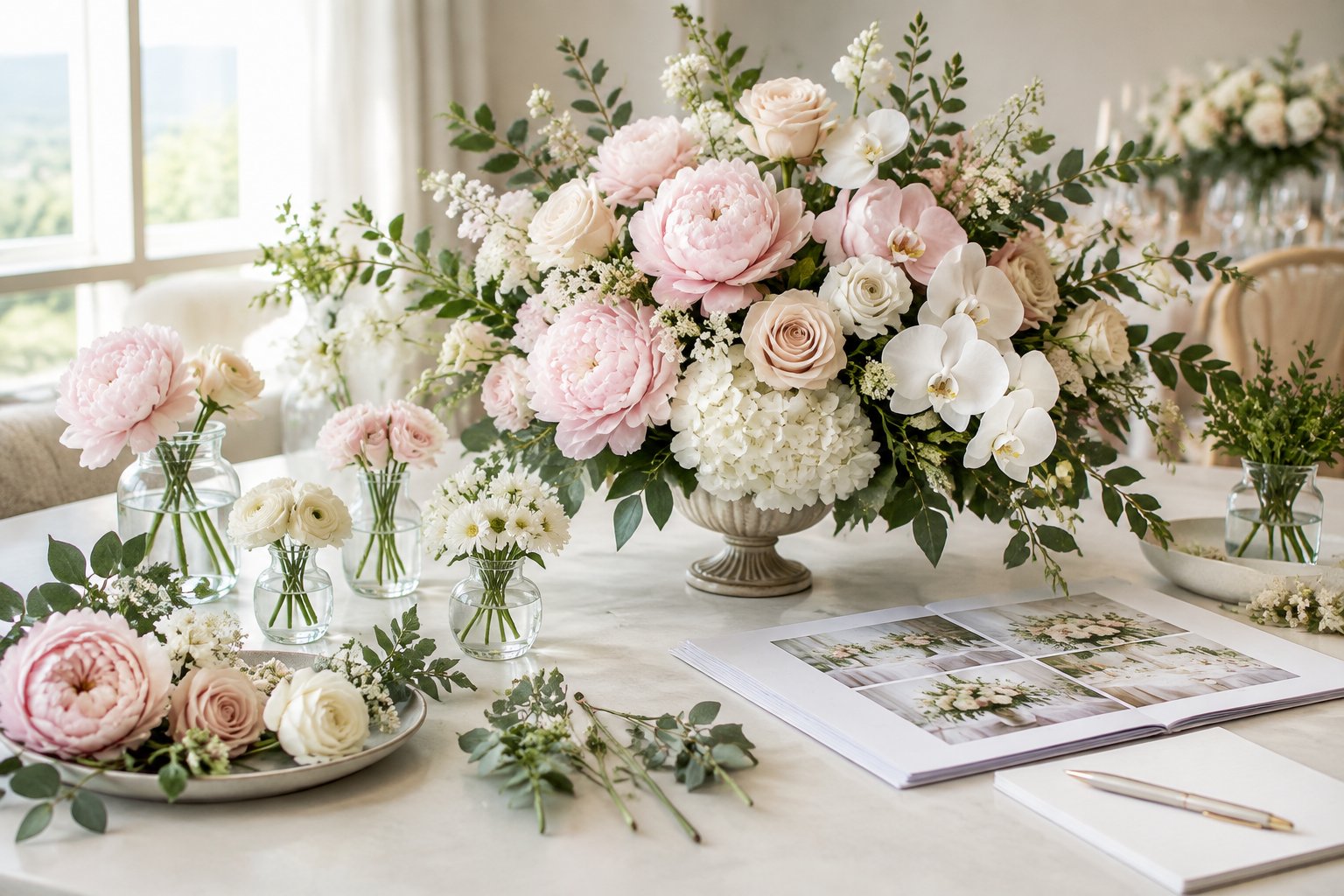 Wedding flowers and greenery arranged in a reception planning scene with simple vases and an abundant centerpiece.