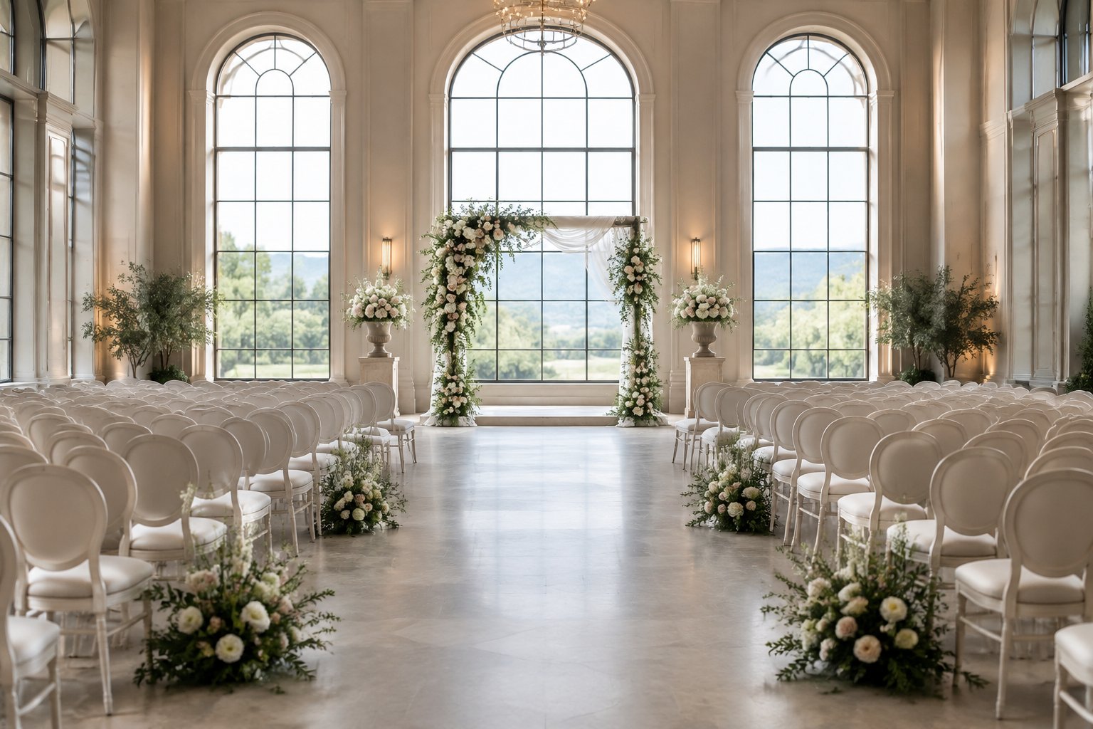 An elegant wedding ceremony venue with floral arrangements, ivory chairs, tall windows, and a decorated arch.