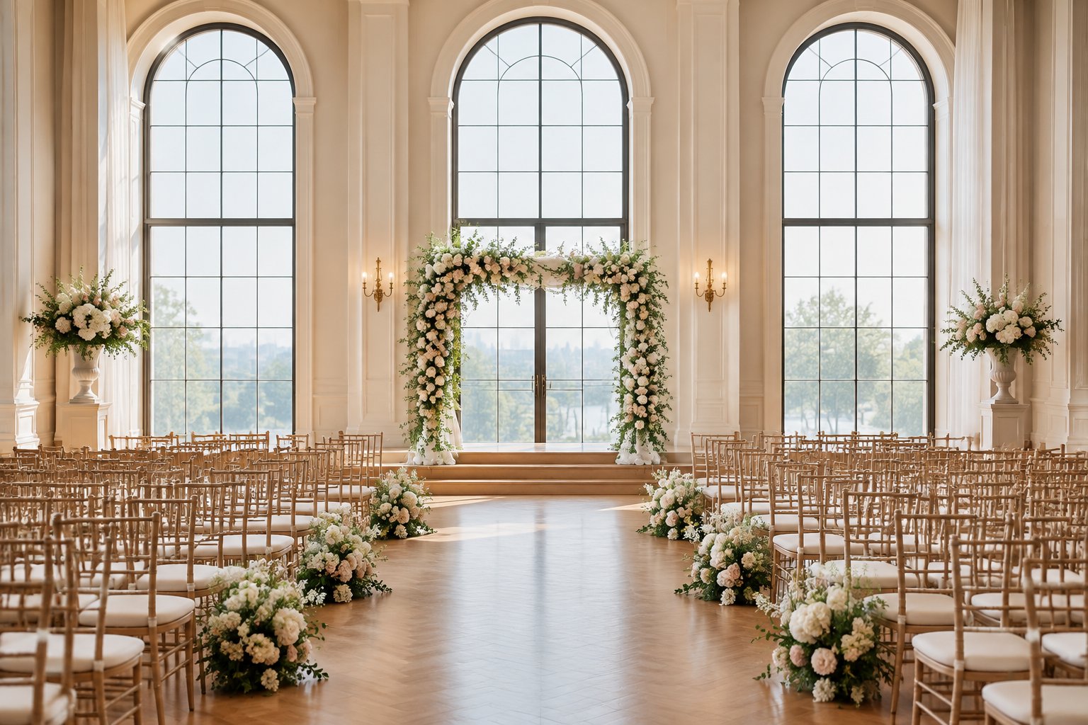 An elegant wedding ceremony venue with rows of chairs, floral arrangements, and a decorated altar.